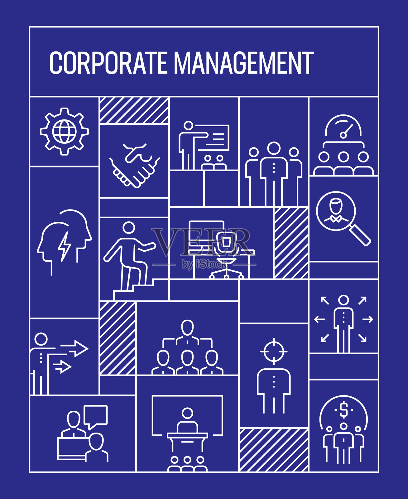 企业管理理念。几何复古风格旗帜和海报概念与企业管理线图标插画图片素材