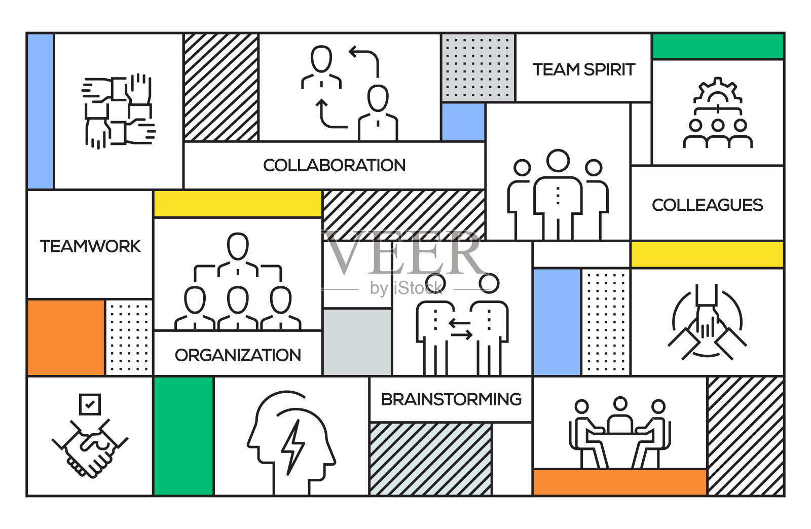协作的概念。几何复古风格的横幅和海报概念与协作线图标插画图片素材