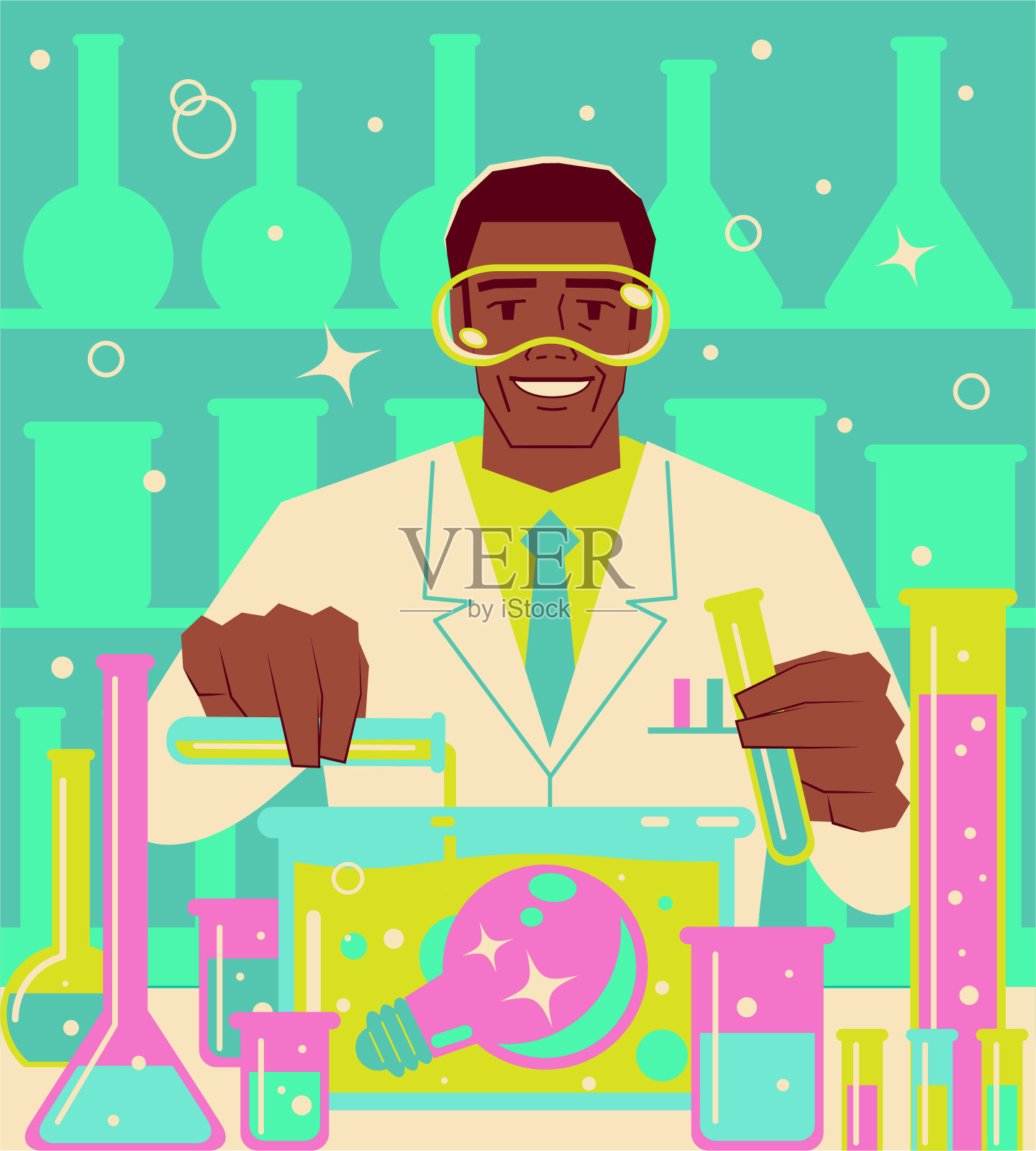 一位微笑的成熟科学家或化学家将液体倒入装有大灯泡的瓶子插画图片素材