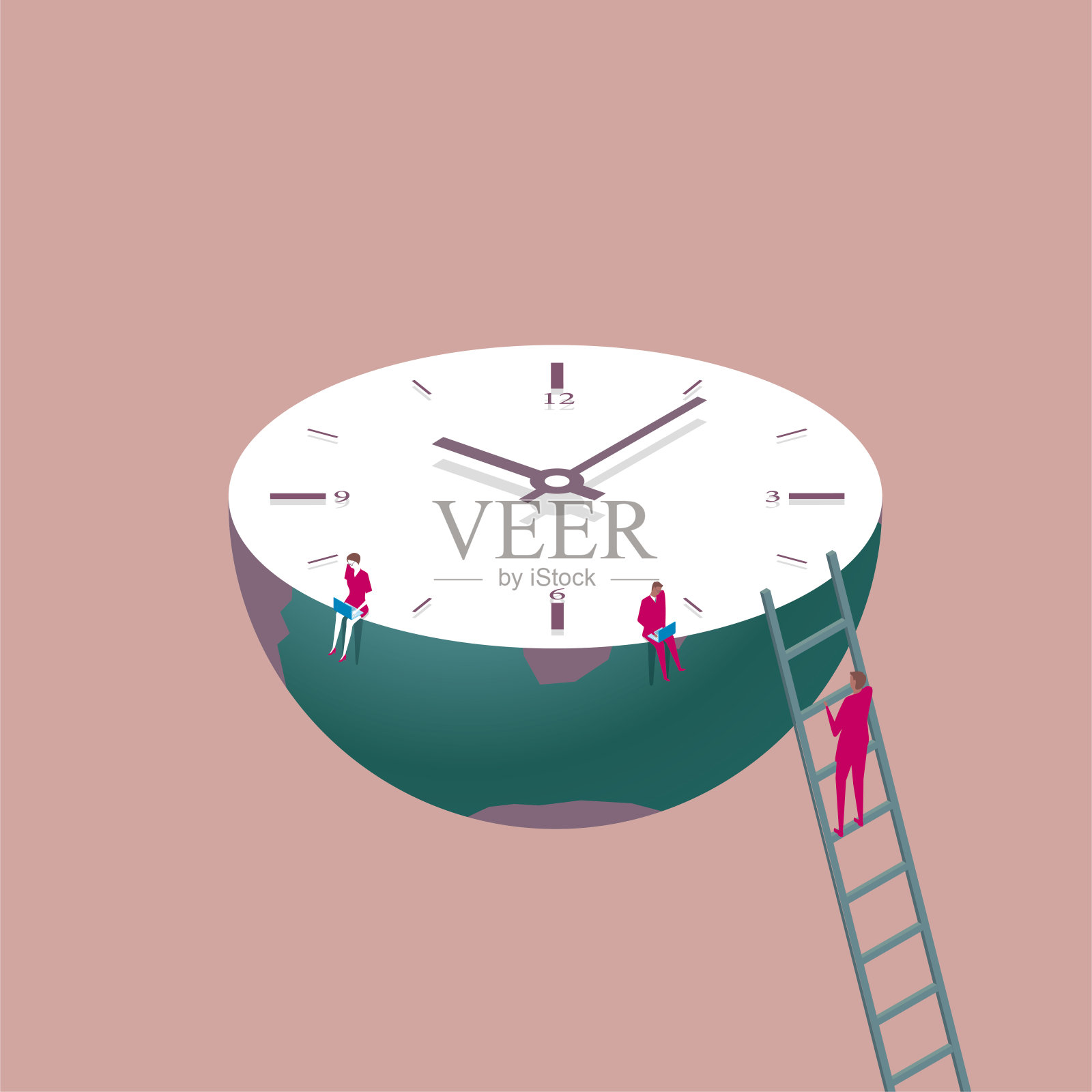 两个商人坐在南半球的横截面上。横截面上是一个时钟。一个商人用梯子爬到地上。插画图片素材