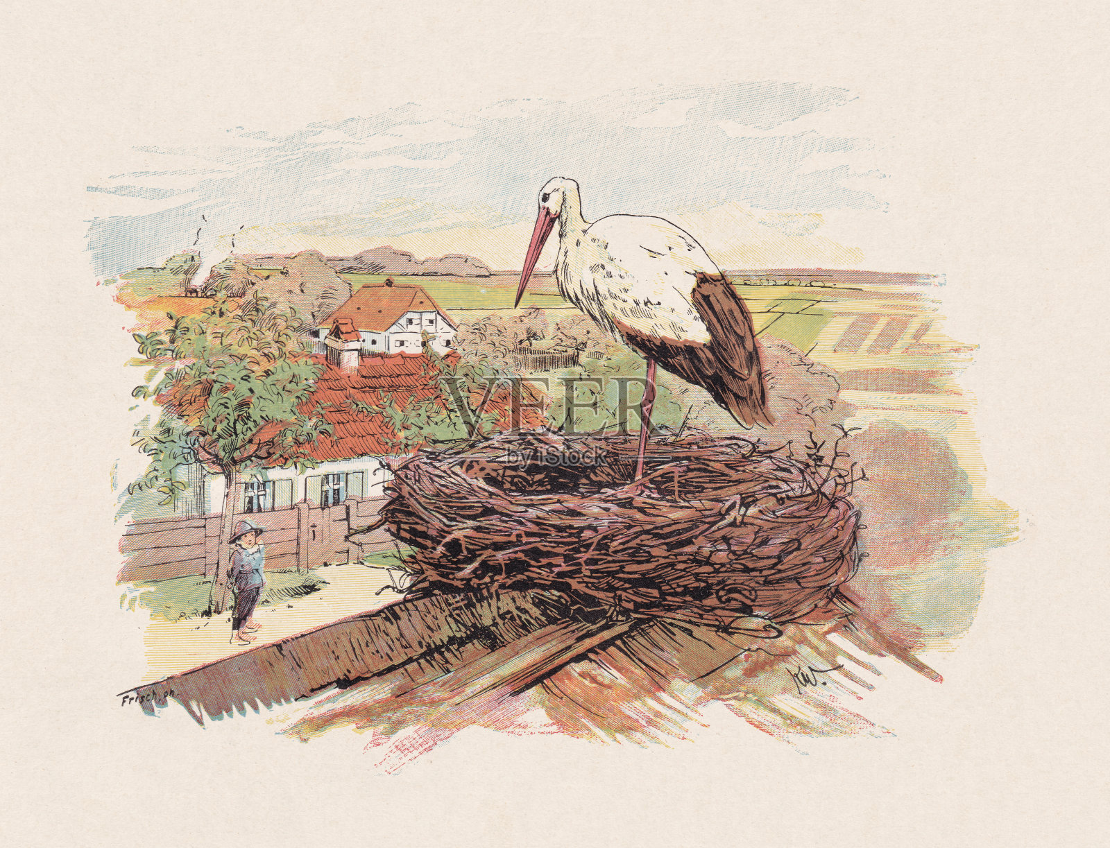鹳和男孩，彩色木刻，出版于1897年插画图片素材