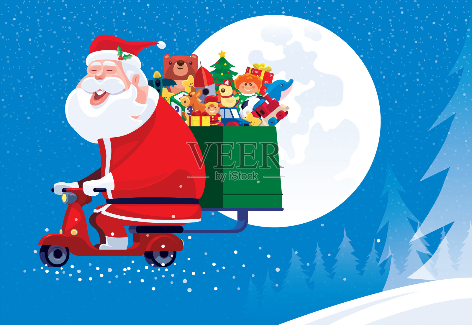 圣诞老人骑着摩托车带着玩具和礼物插画图片素材