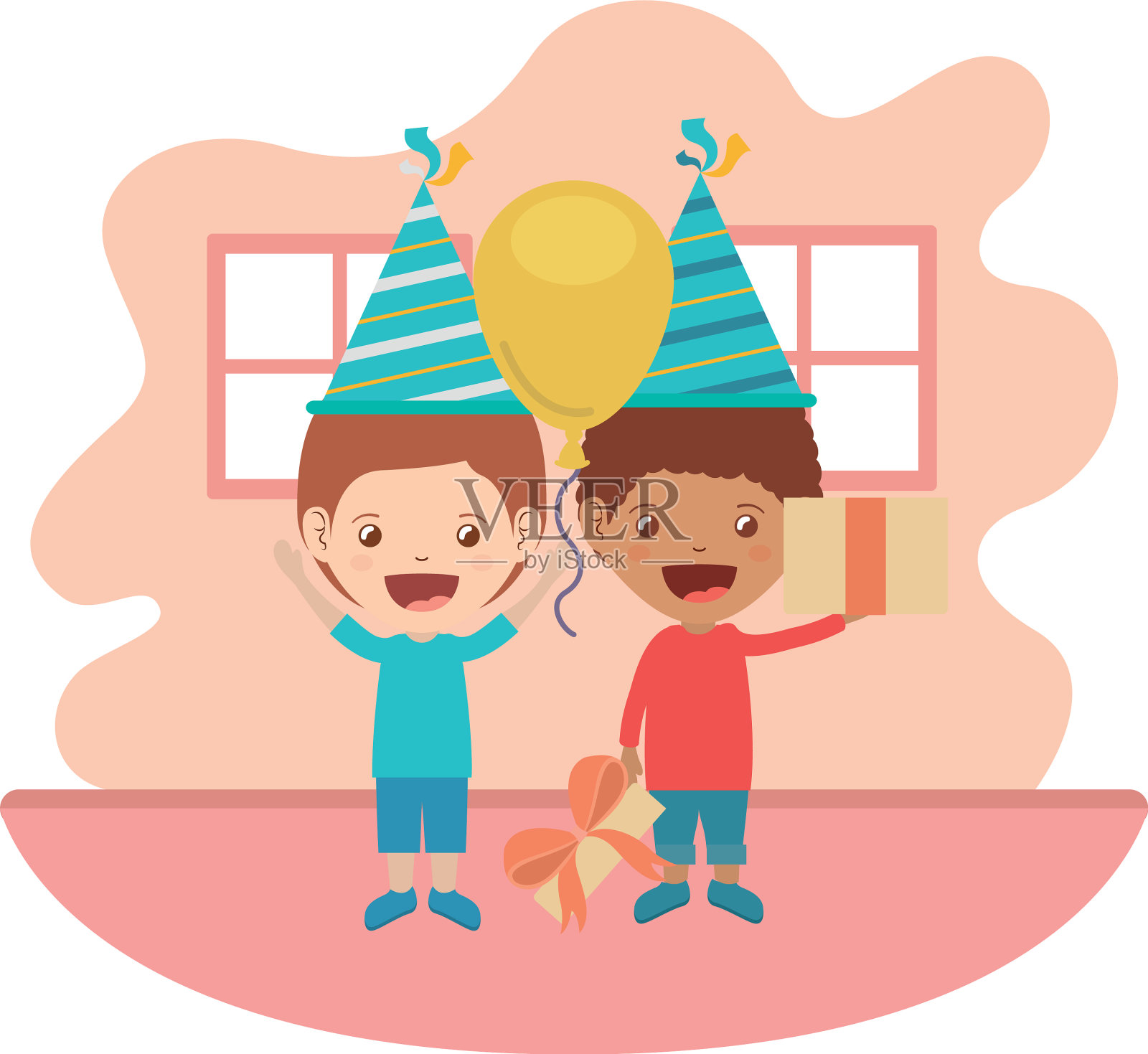 戴着派对帽的男孩在庆祝生日插画图片素材