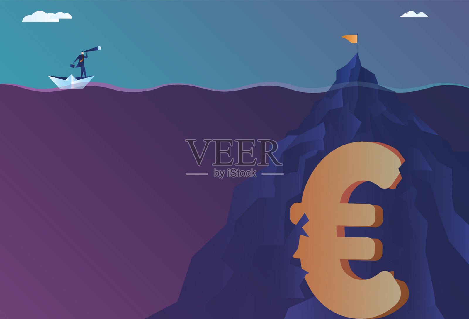 商人站在纸船上用双筒望远镜寻找欧元插画图片素材