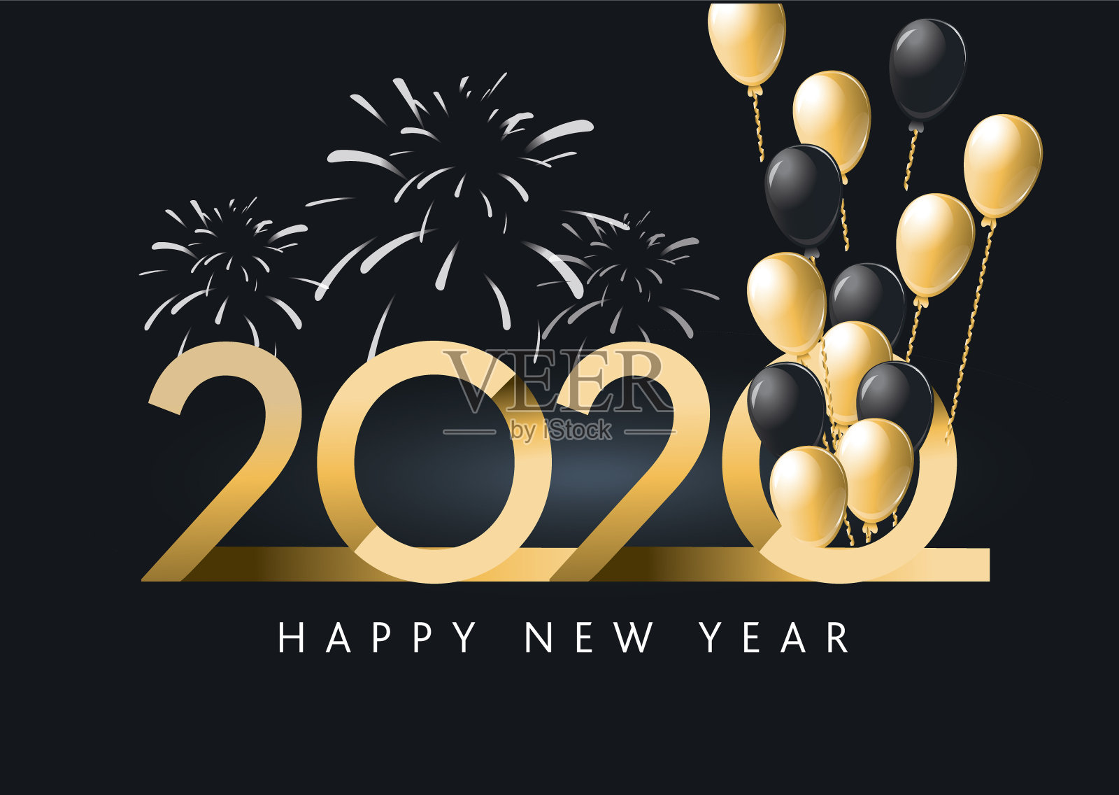 2020年新年快乐气球贺卡横幅设计在金属金色与闪光插画图片素材