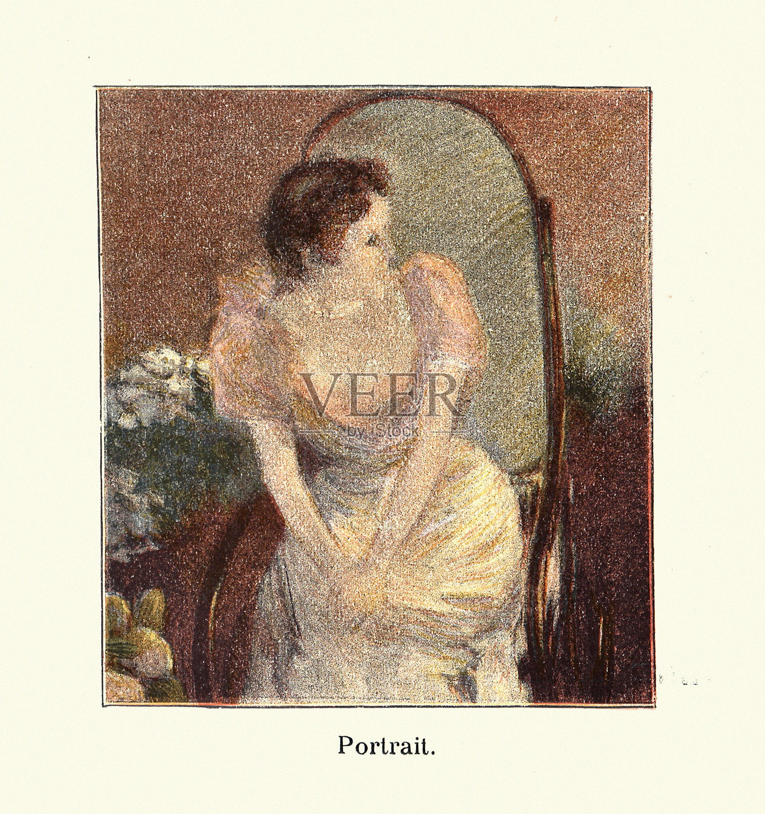 安德烈·西奈的蜡笔画后的复古插图，一个年轻女子的肖像，维多利亚，1890年，19世纪插画图片素材