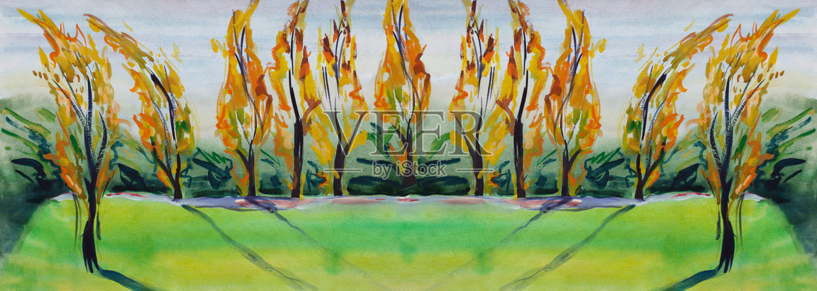 时尚插画：印象派秋日白杨树水彩风景插画图片素材