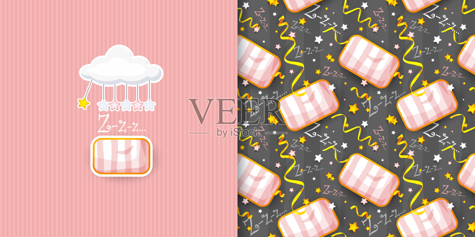 卡通风格的睡眠概念。条纹枕头和彩色星星与金色纸屑在抽象的灰色条纹背景。节日无缝时尚的背景+名片。插画图片素材