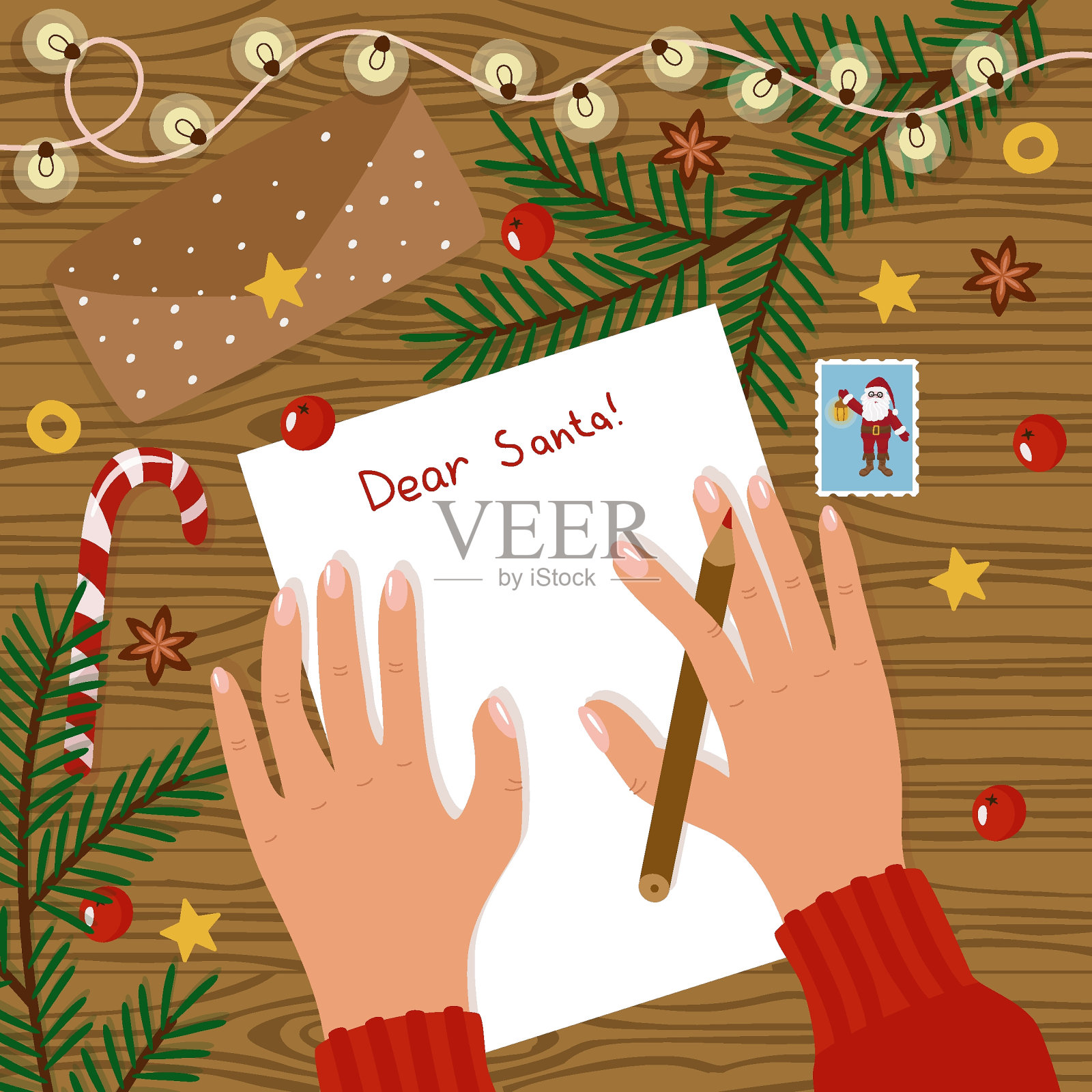 写信给圣诞老人俯视图，flatley概念。女人的手在桌子上拿着一支铅笔和一张纸。信封，邮票，花环，云杉树枝，棒棒糖。矢量图设计模板素材