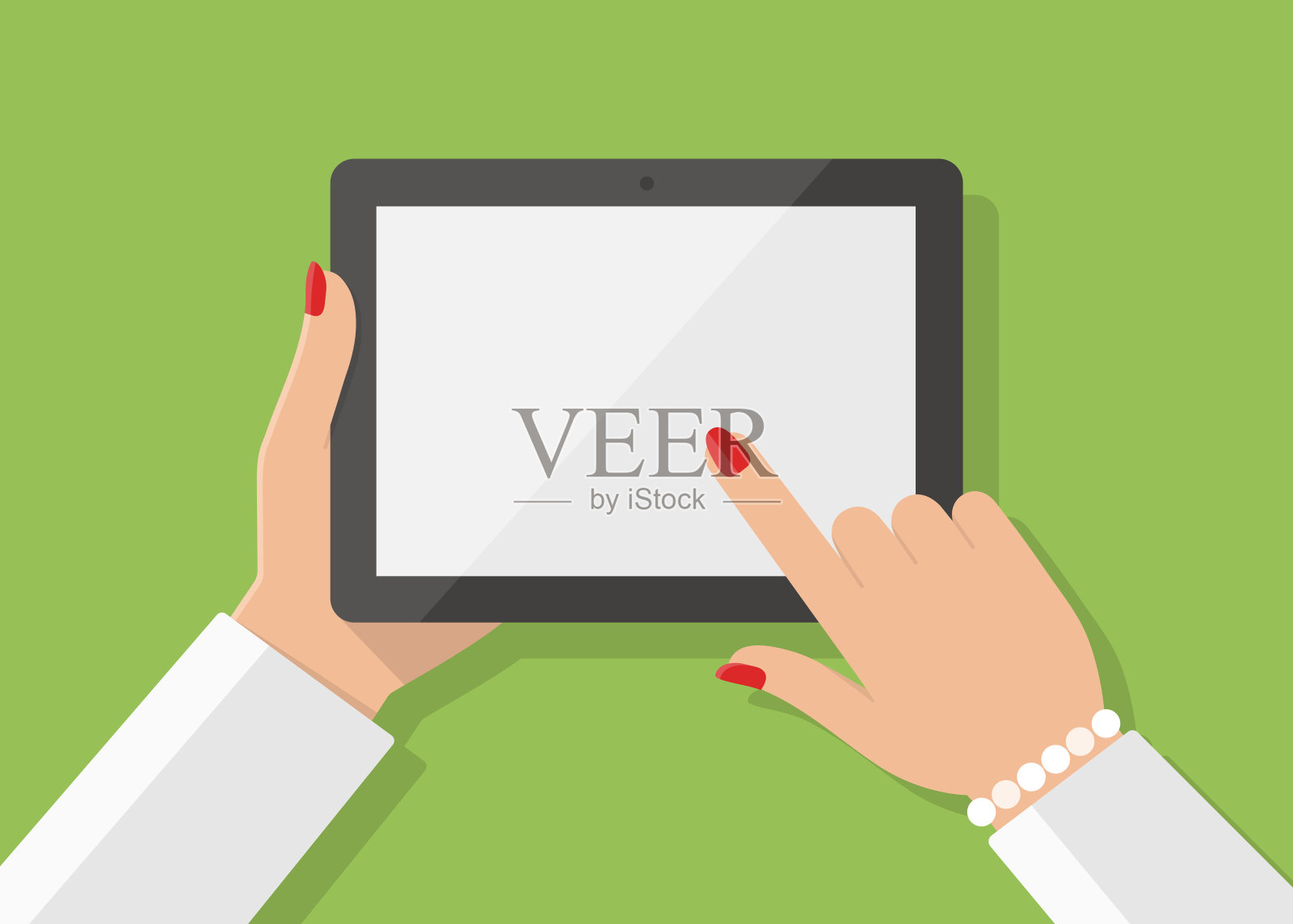 女人的手拿着平板电脑，用手指触摸屏幕插画图片素材