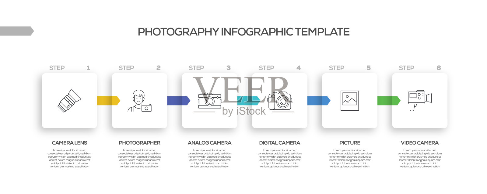 摄影相关工艺信息图表模板。过程时间图。带有线性图标的工作流布局插画图片素材