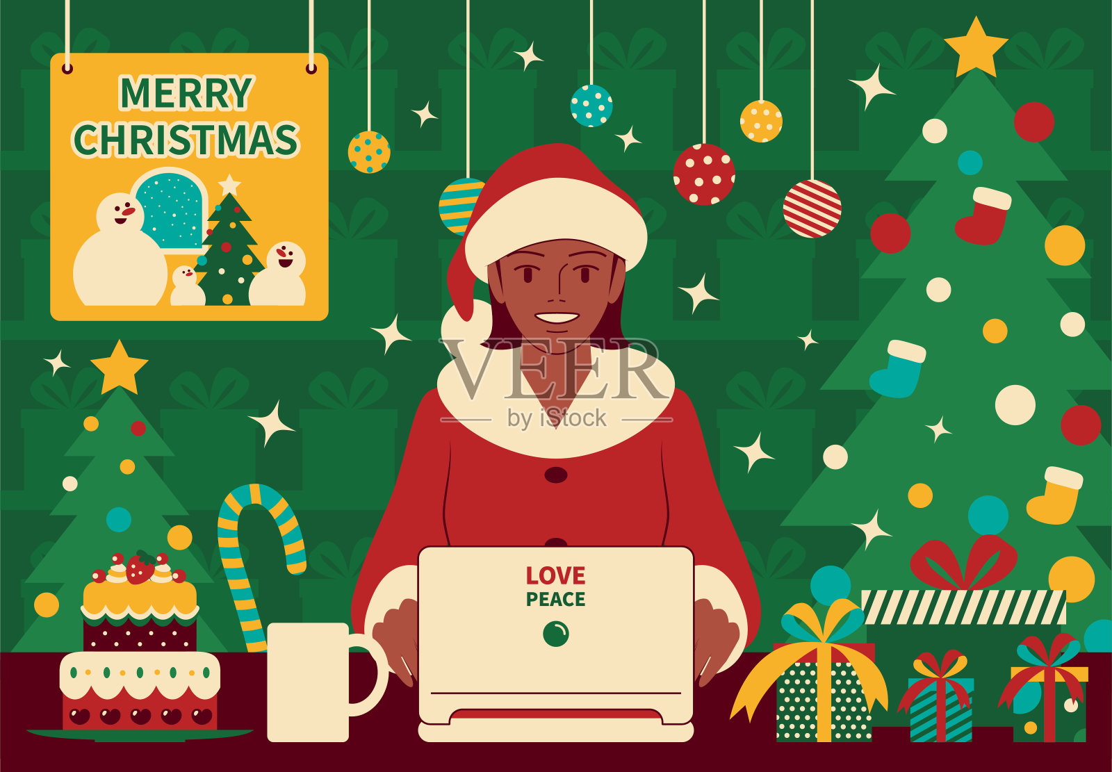 穿着圣诞老人服装的年轻女子在圣诞派对上使用笔记本电脑插画图片素材