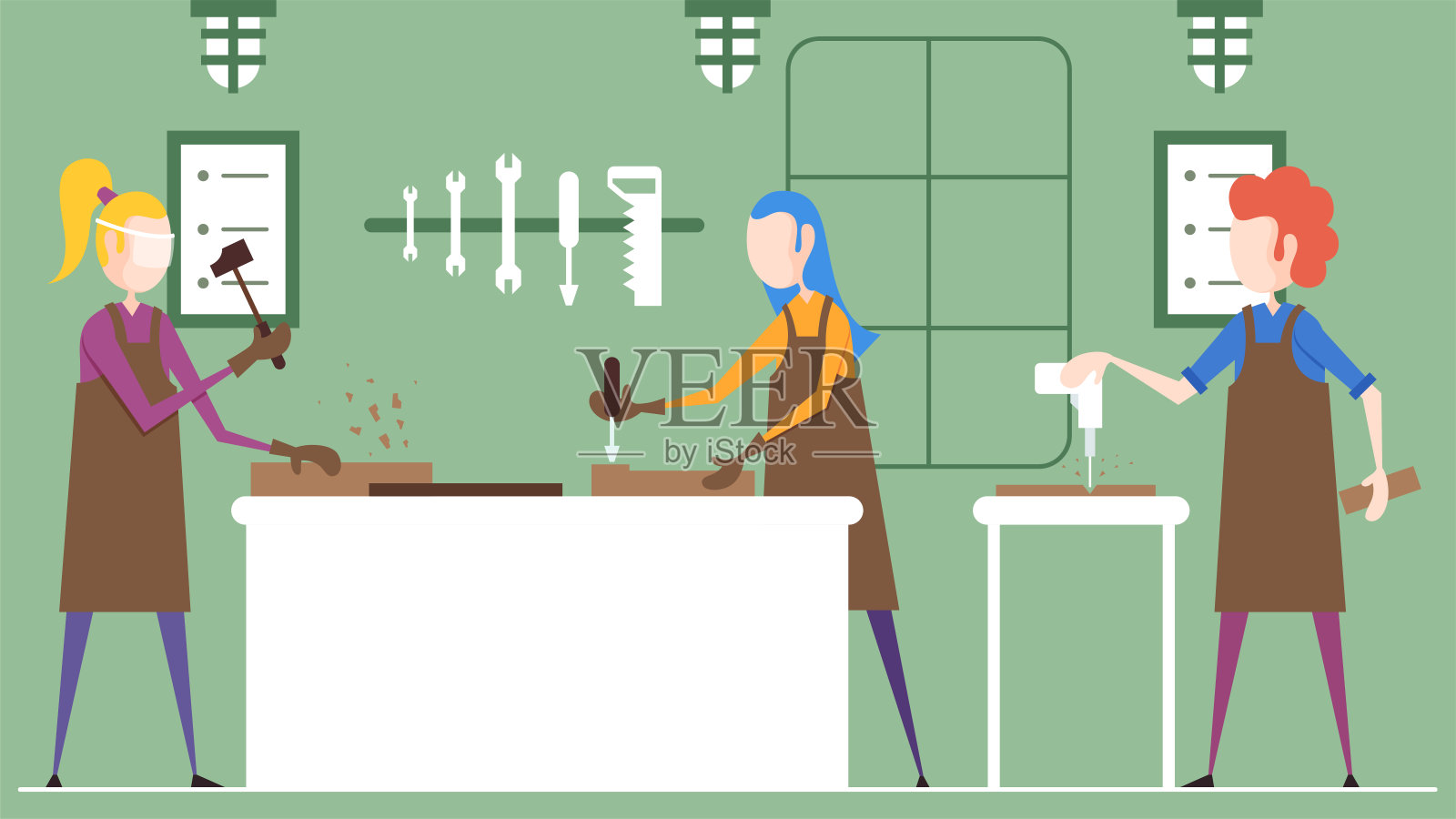 木工车间里的妇女插画图片素材