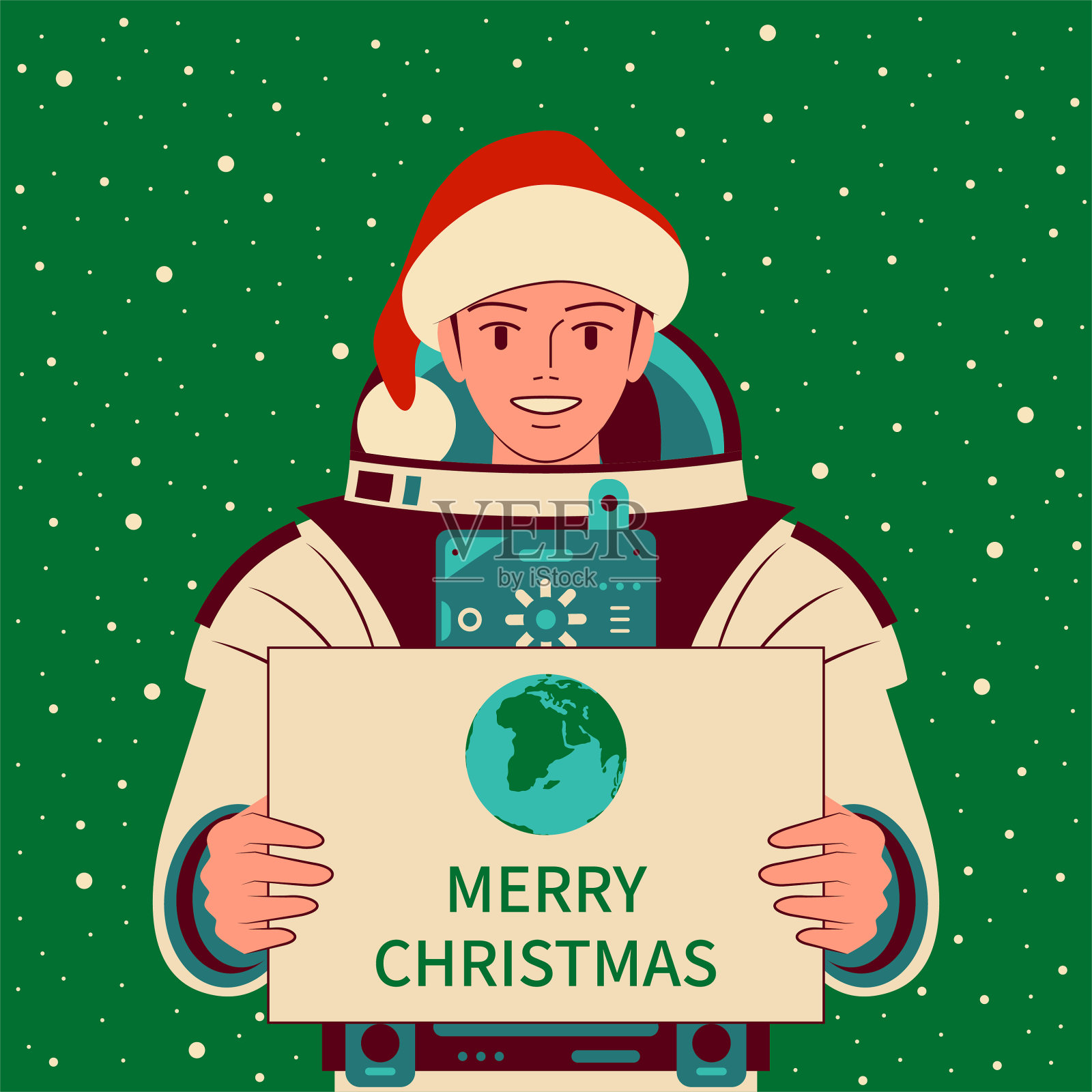 美丽的女宇航员(宇航员)戴着圣诞老人的帽子，微笑着，手里拿着一个标志，上面写着地球的符号和圣诞快乐的文字插画图片素材