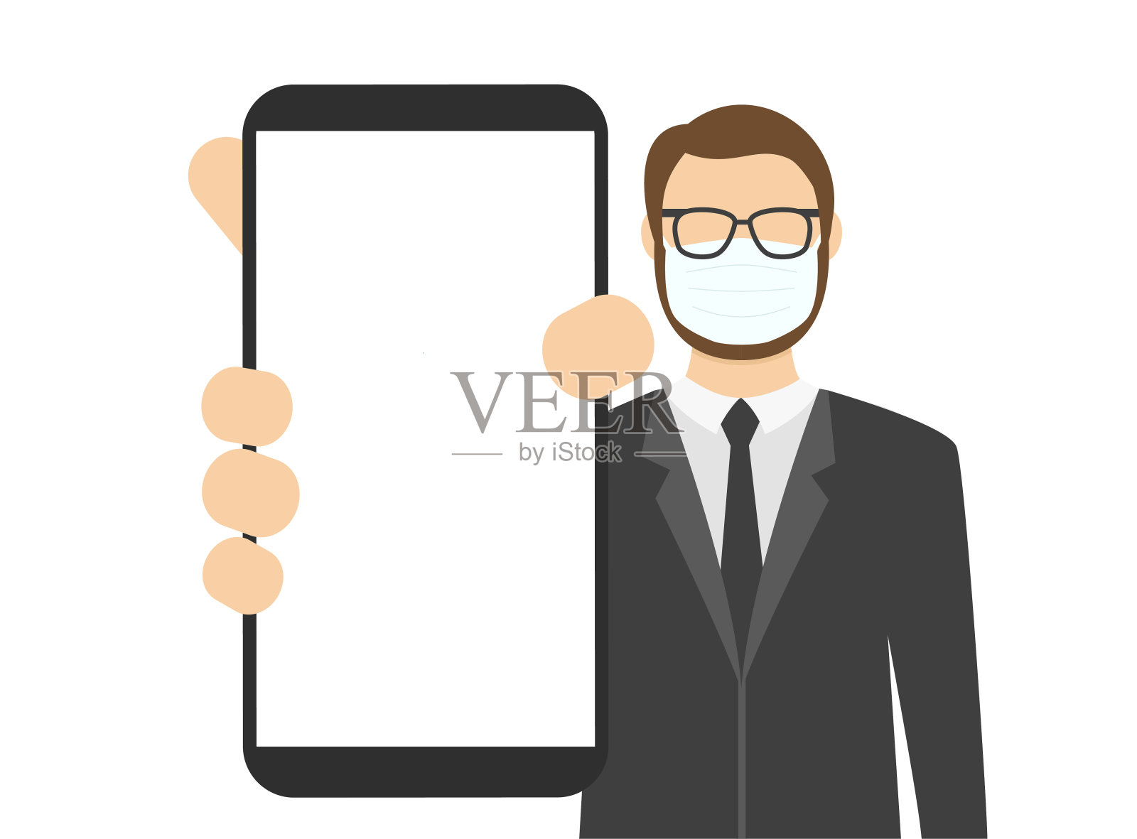 戴着医用口罩的男子展示着空白的智能手机屏幕。卡通矢量股票插图插画图片素材