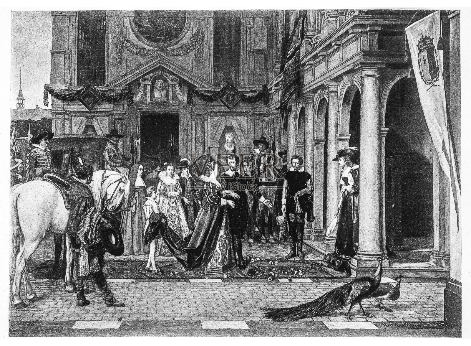 玛丽·德·美第奇于1894年在鲁本斯之家雕刻插画图片素材