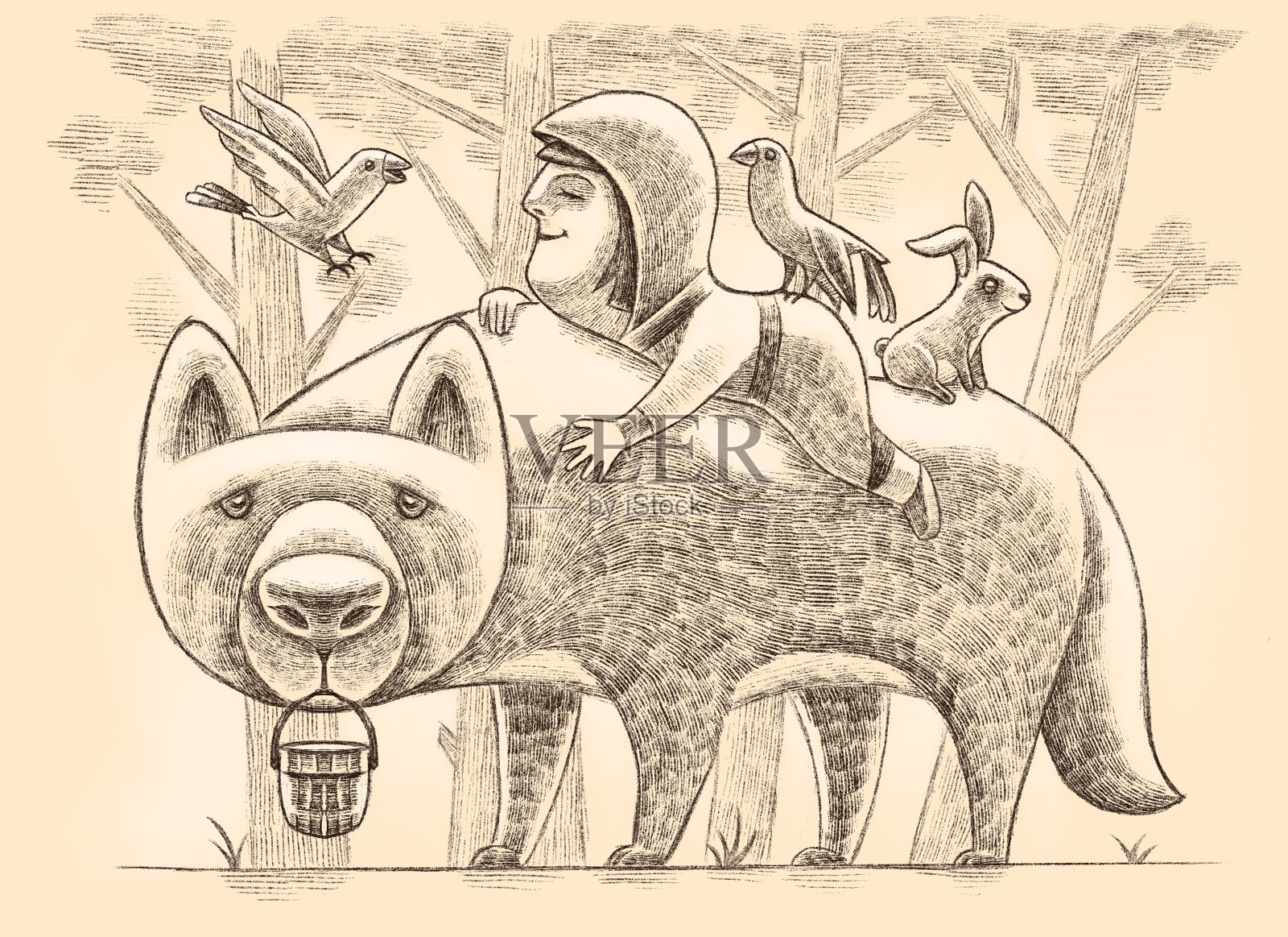 小女孩骑在大灰狼的背上插画图片素材