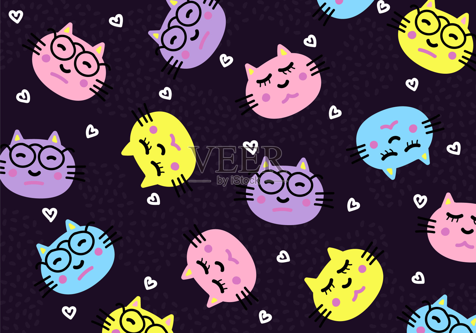 彩色矢量可爱的猫画图案，背景与小猫插图儿童，卡通动物插画图片素材