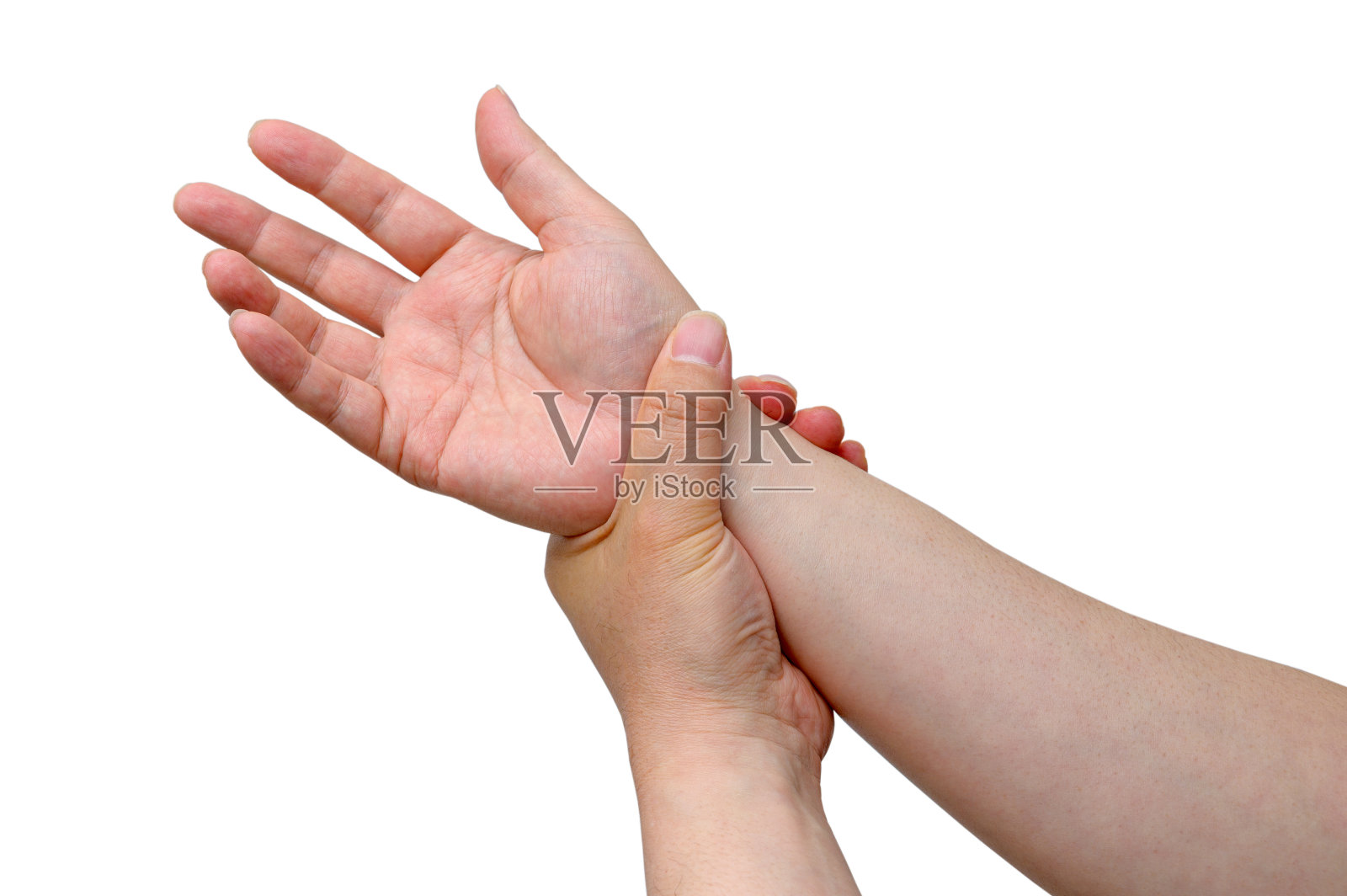 一个男人因为手腕疼痛而缠着他的手腕。风湿性关节炎，腕管综合症，痛风的病因。保健和医疗理念。照片摄影图片