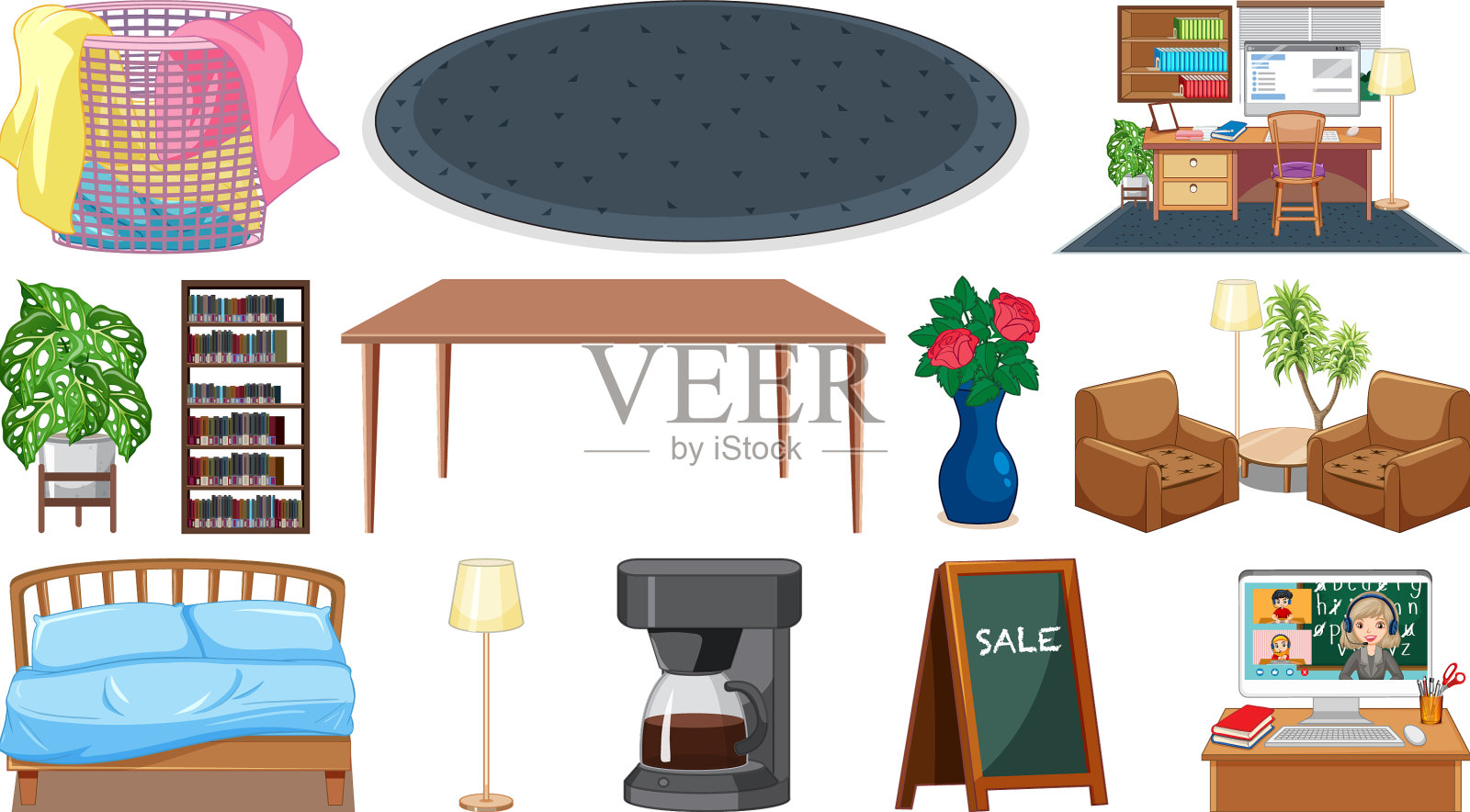 一套室内家具和装饰品图标素材