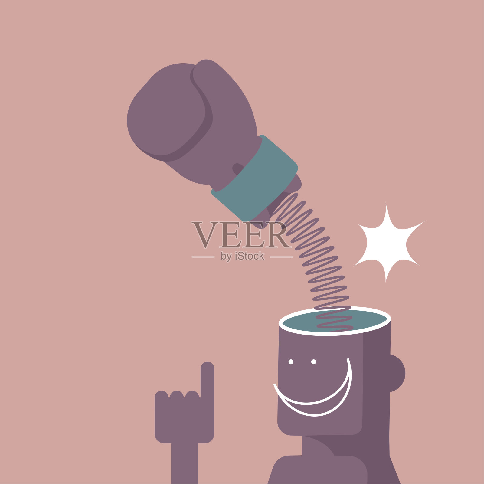 头脑风暴设计，拳击手套从大脑中跳出来。孤立在棕色背景上。插画图片素材