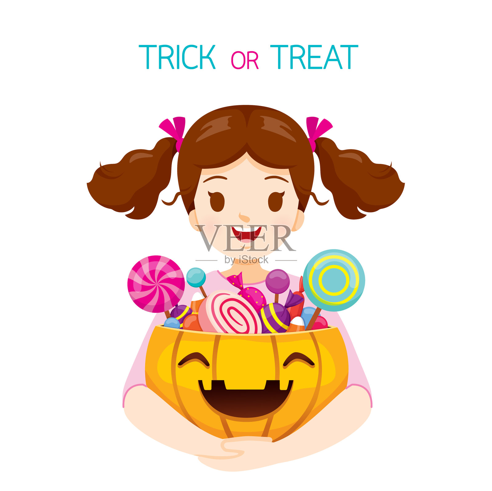 女孩与万圣节南瓜桶装满糖果插画图片素材