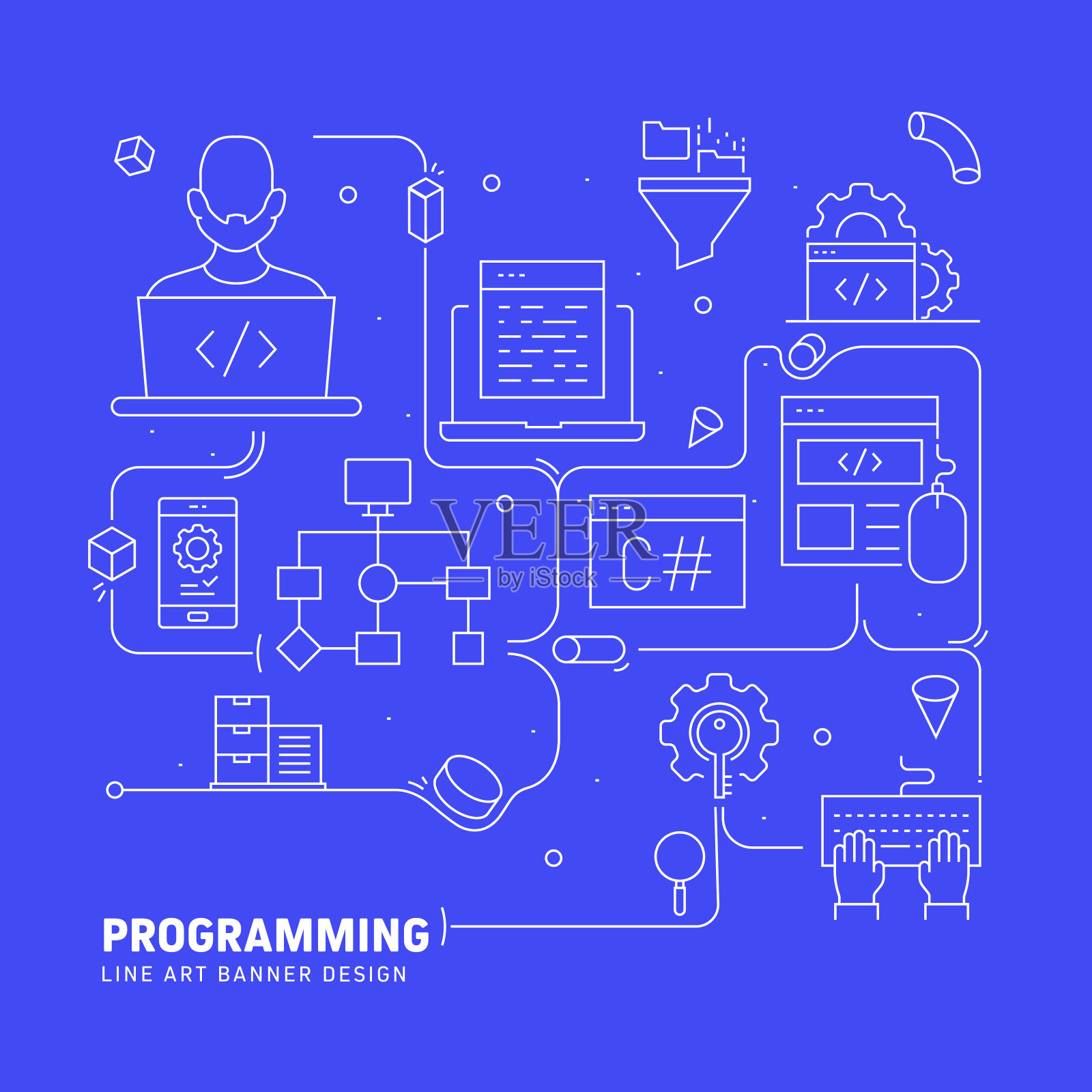 编程相关线条风格横幅设计网页，标题，小册子，年度报告和书籍封面插画图片素材