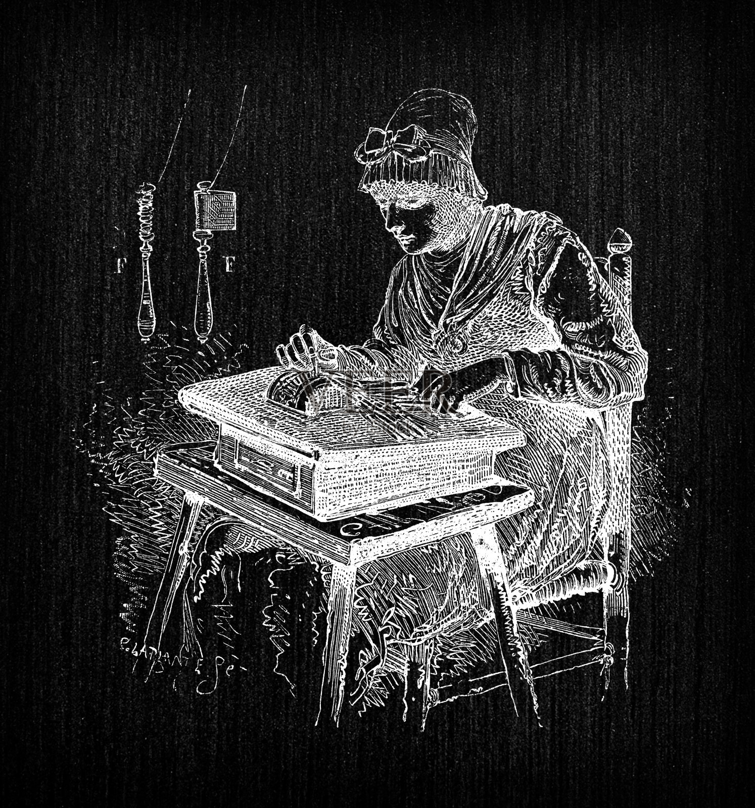 仿古插图雕刻制造业:花边制造插画图片素材