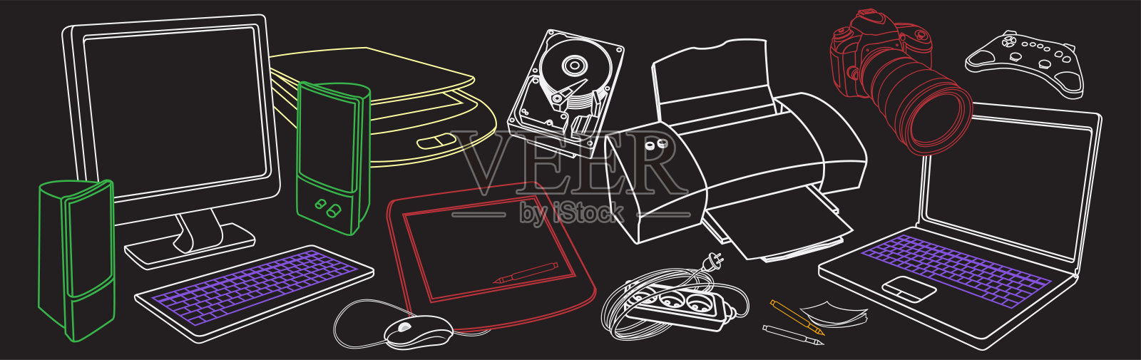 计算机硬件和附件的草图背景插画图片素材