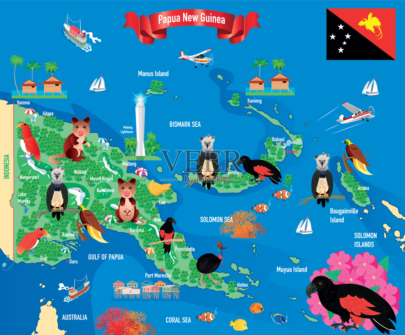 巴布亚新几内亚的卡通地图插画图片素材