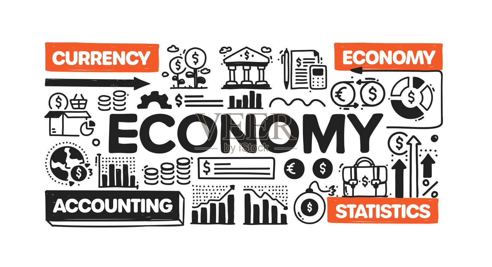 经济对象和元素。矢量涂鸦插图收集。手绘图标集或横幅模板插画图片素材