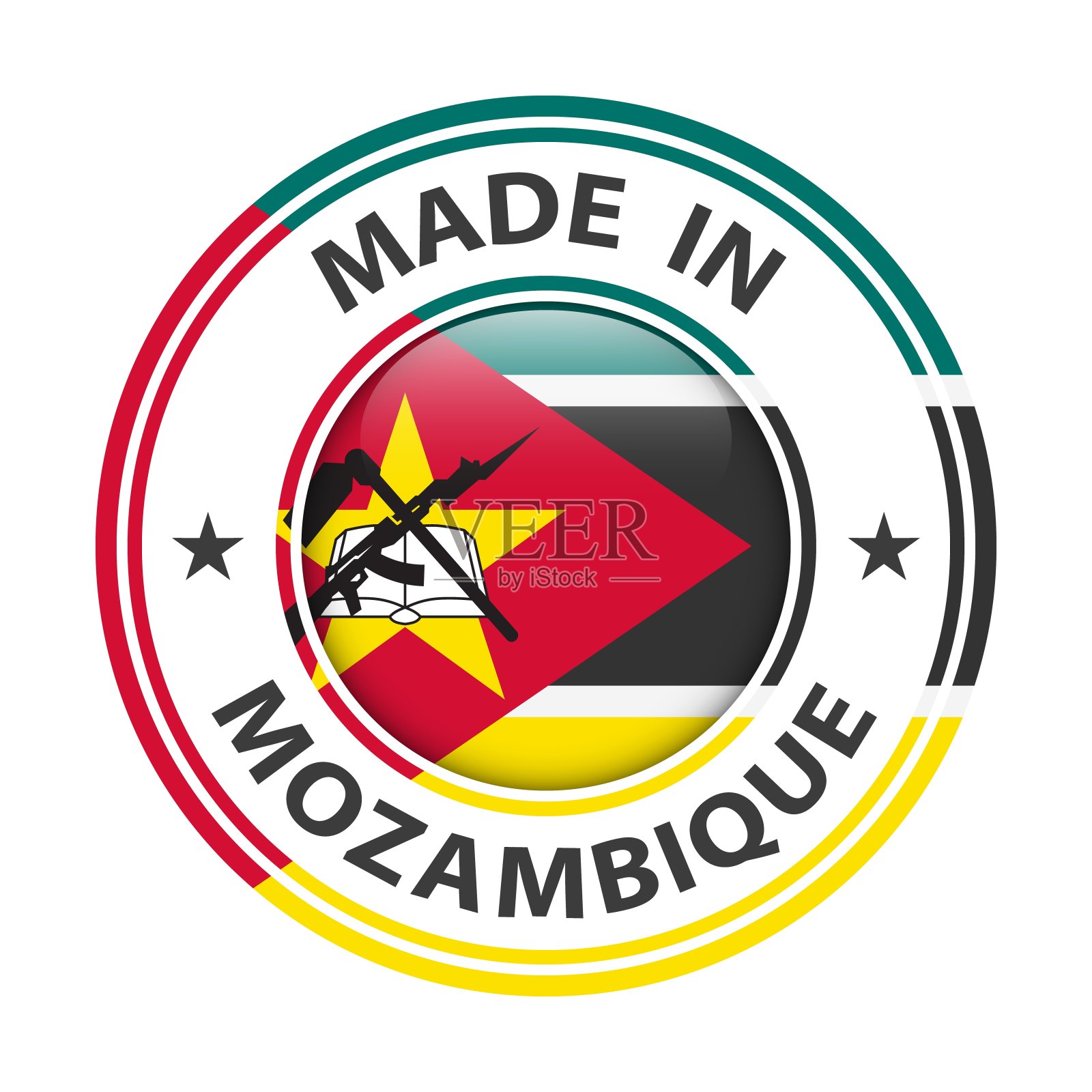 莫桑比克制造徽章矢量。有星星和国旗的贴纸。标志孤立在白色背景上。插画图片素材