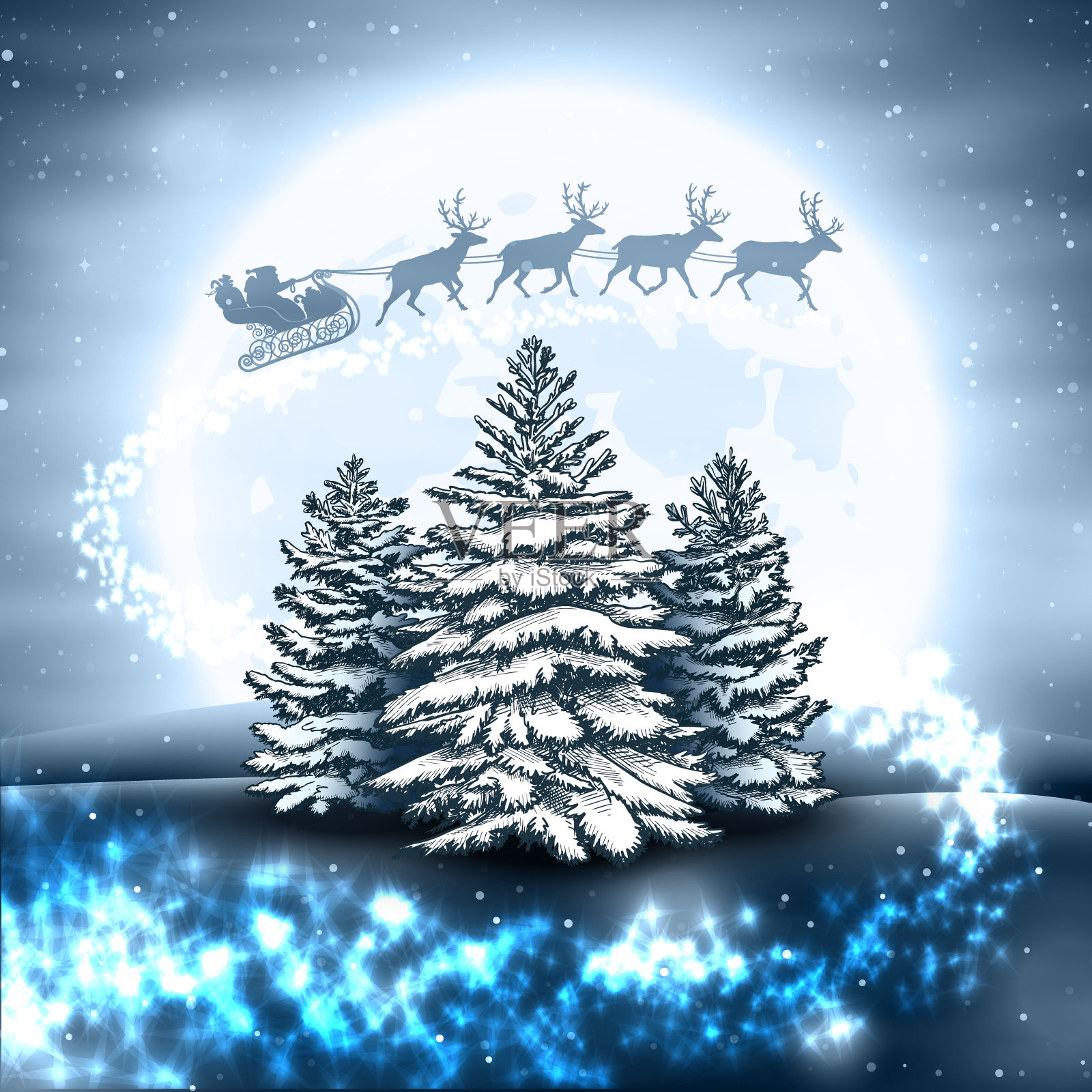 圣诞景观与圣诞老人的雪橇与月亮和圣诞树插画图片素材