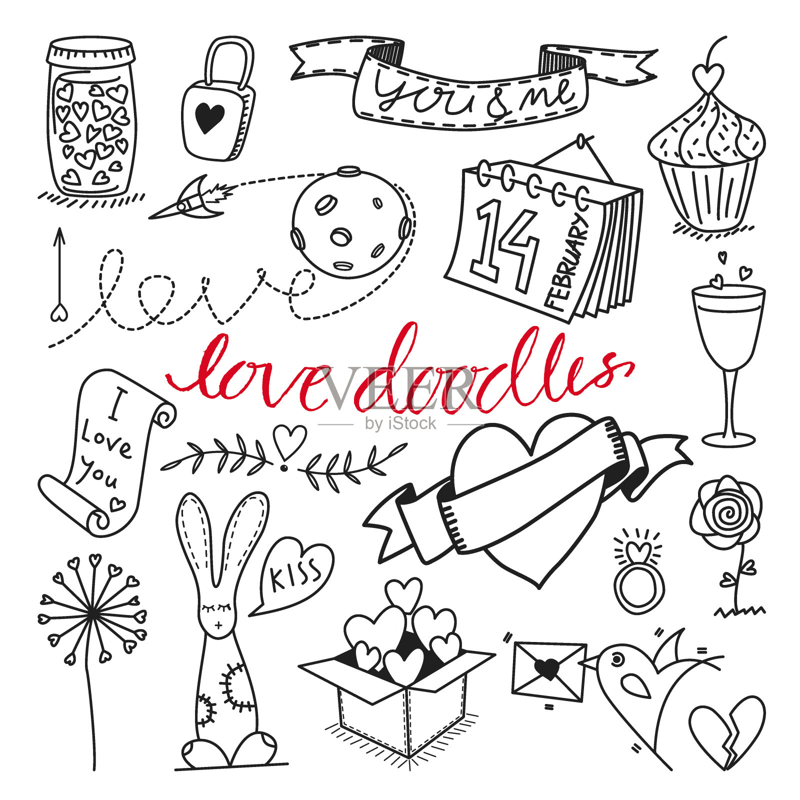 矢量爱主题手绘涂鸦和剪贴画集插画图片素材