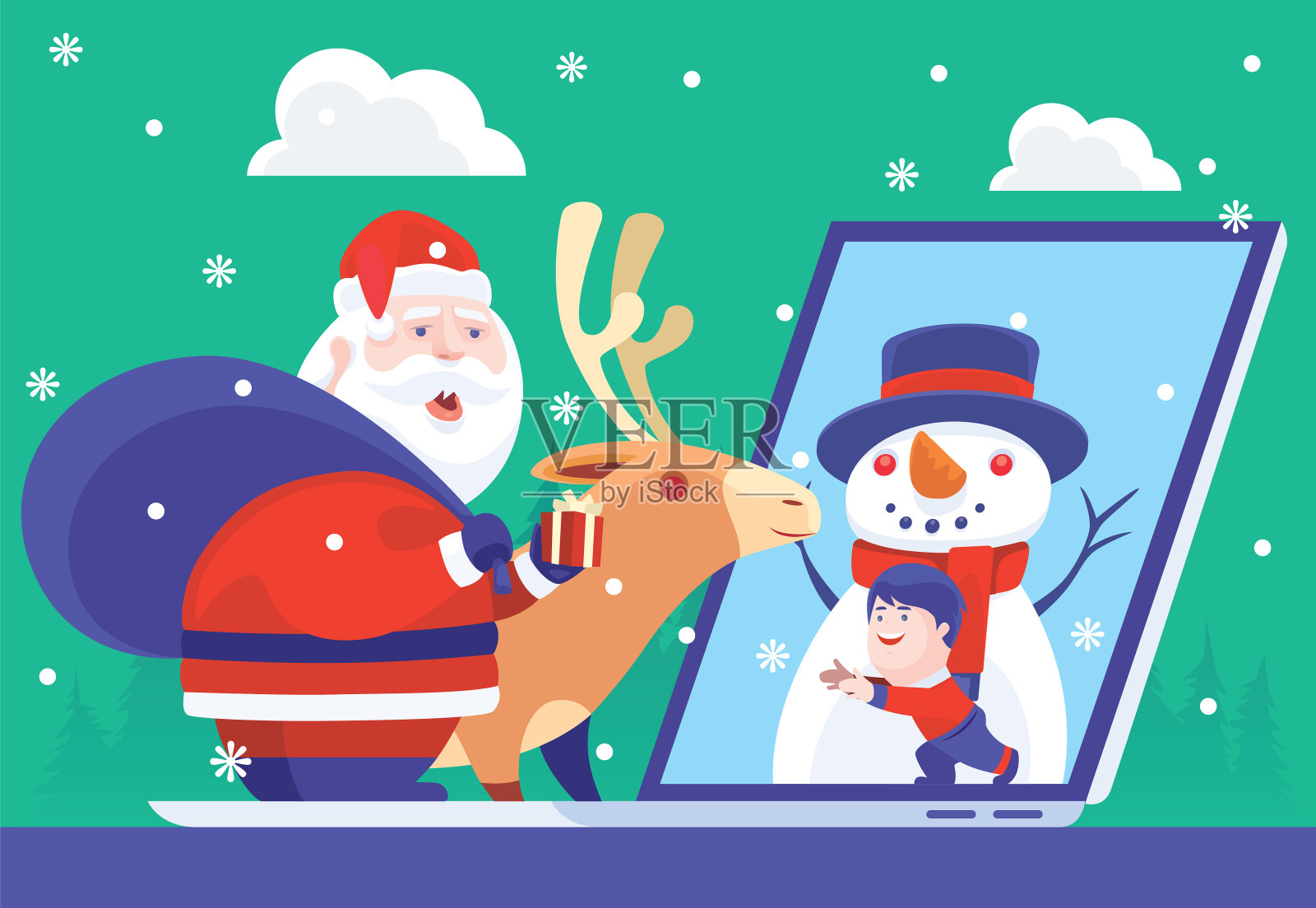 小孩通过笔记本电脑见到圣诞老人插画图片素材
