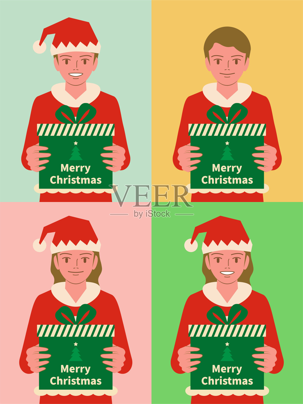 微笑的儿童（男孩和女孩）穿着圣诞老人服装，拿着圣诞礼物盒插画图片素材