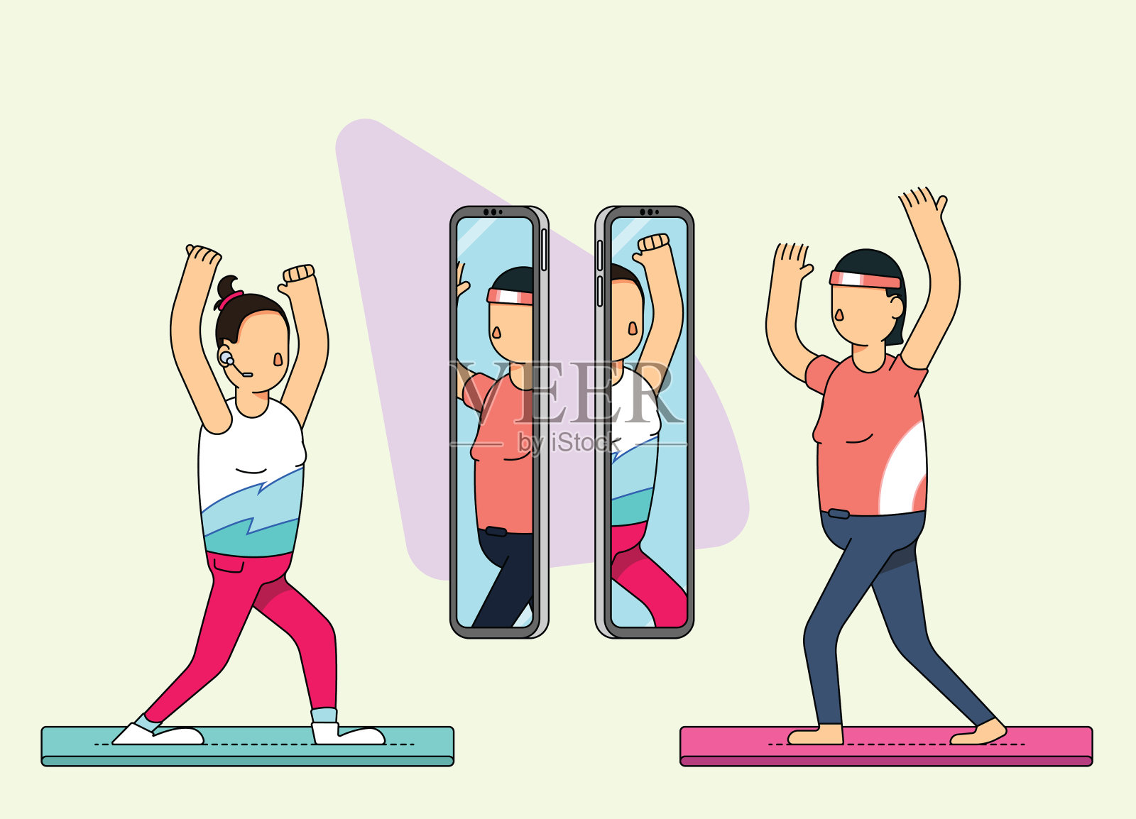 女性在线培训师指导客户通过他们的日常培训程序。插画图片素材