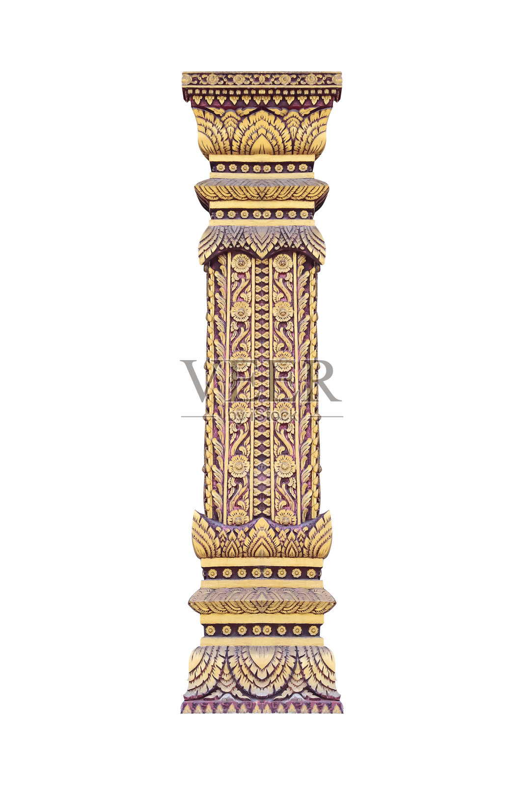 大艺术金黄杆装饰在暗红色木材上孤立在白色背景上，修剪路径照片摄影图片