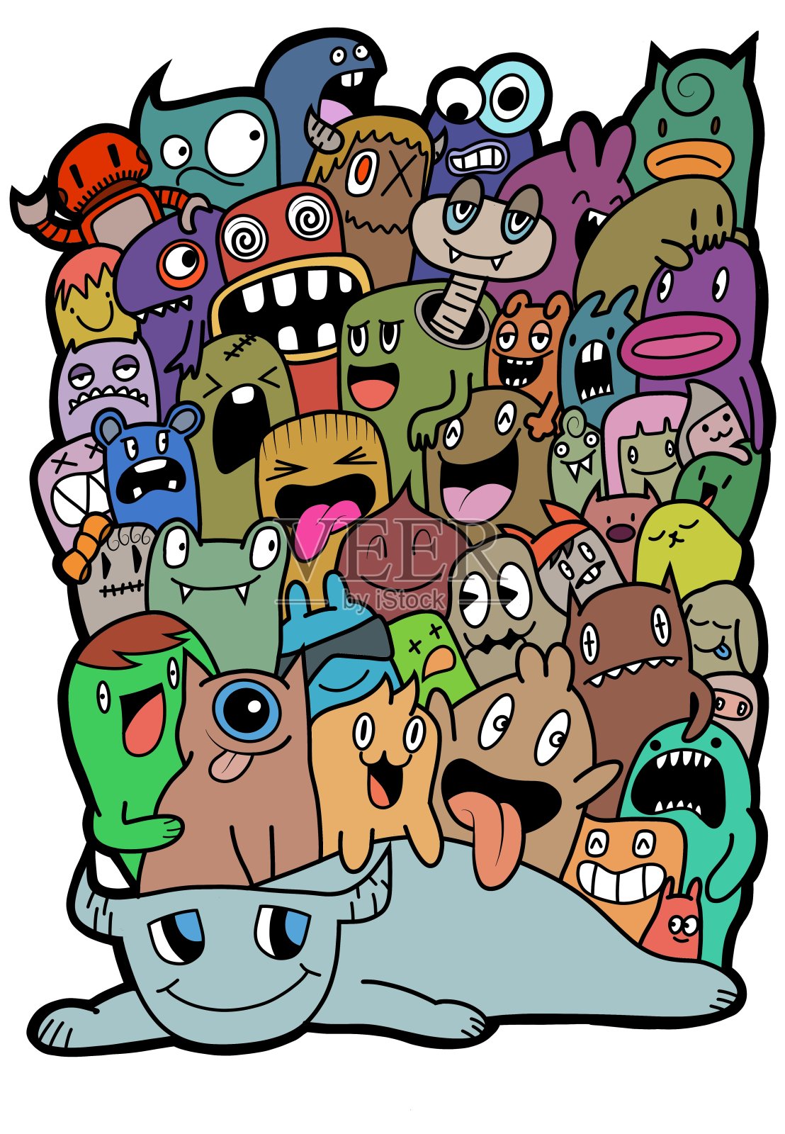 手绘插图，怪物涂鸦，手绘卡通怪物插图，卡通人群涂鸦手绘涂鸦风格。插画图片素材