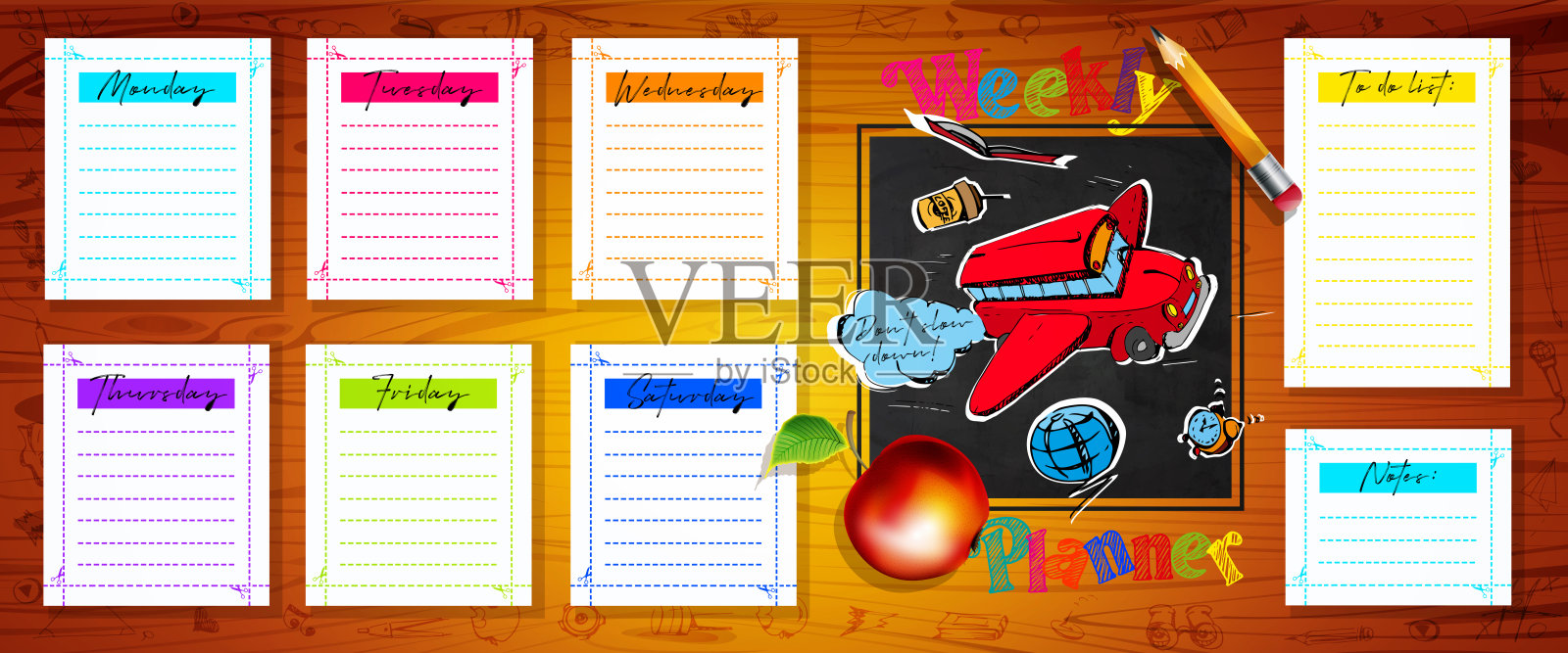 学校风格的周报、日记、计划理念。将本周的待办事项写在笔记本上，并在抽象颜色的背景上手绘。插画图片素材