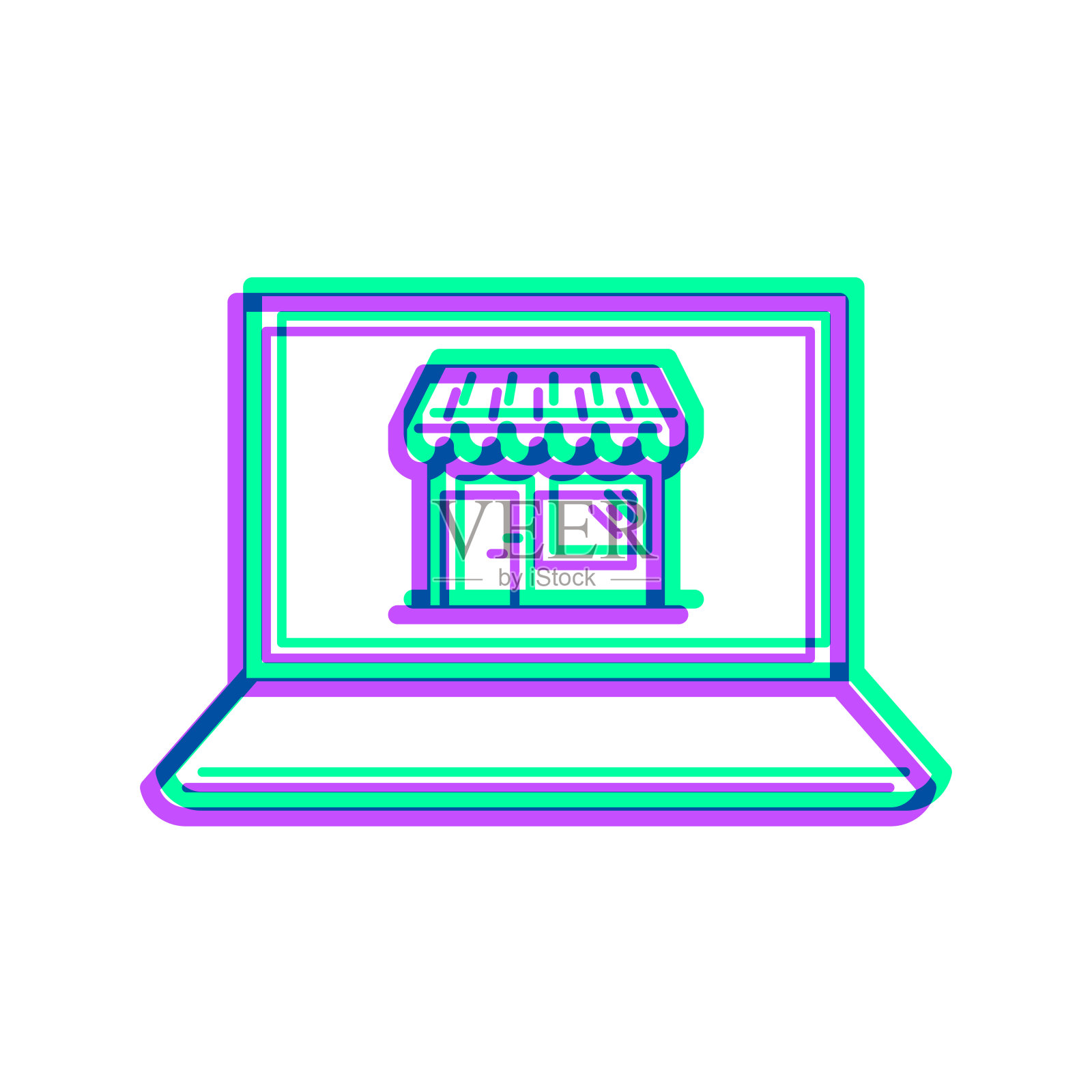 用笔记本电脑上网购物。图标与两种颜色叠加在白色背景上插画图片素材