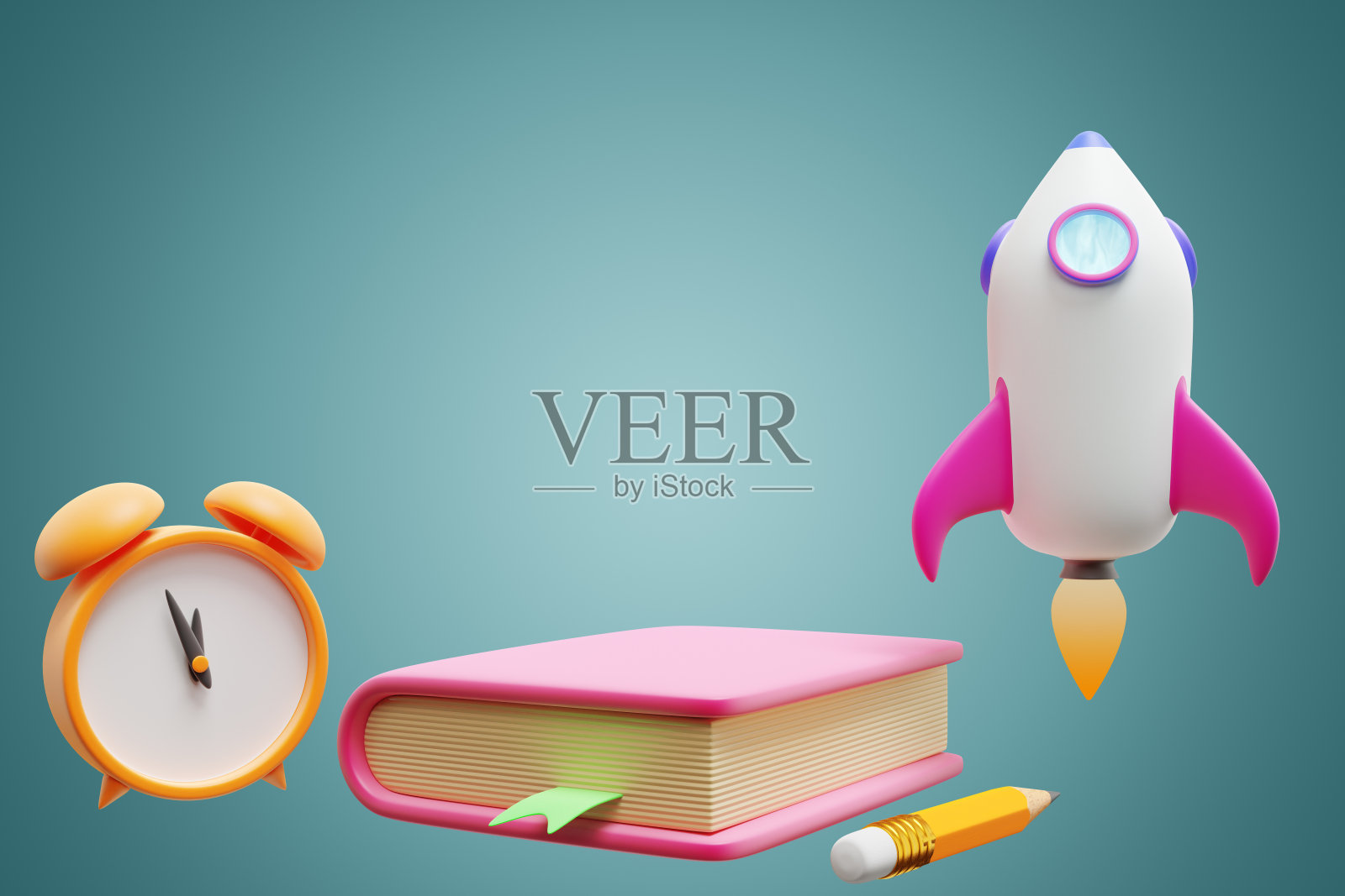 回到学校。闹钟、书和火箭。三维渲染照片摄影图片