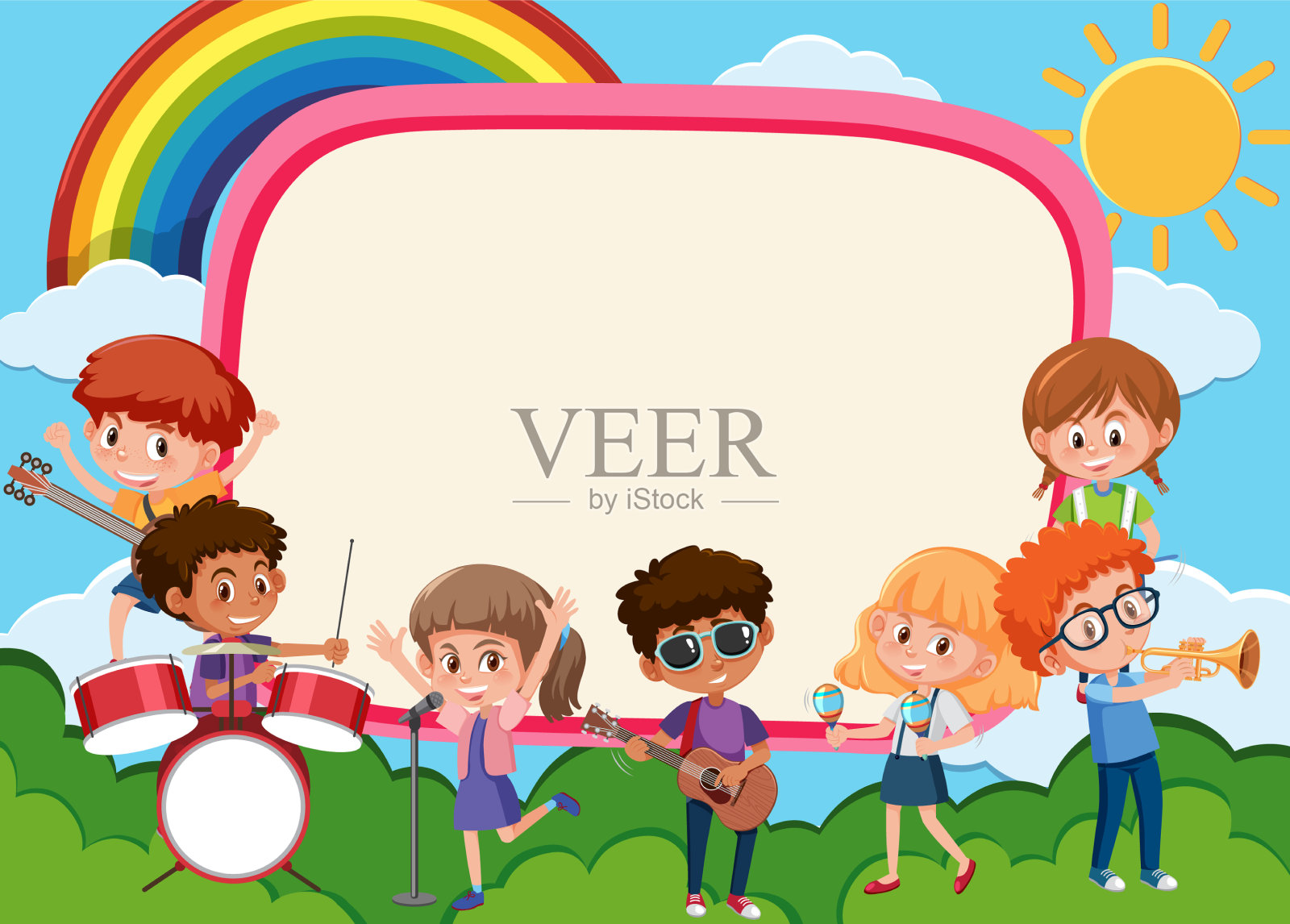 横幅空着，孩子们在演奏不同的音乐剧插画图片素材