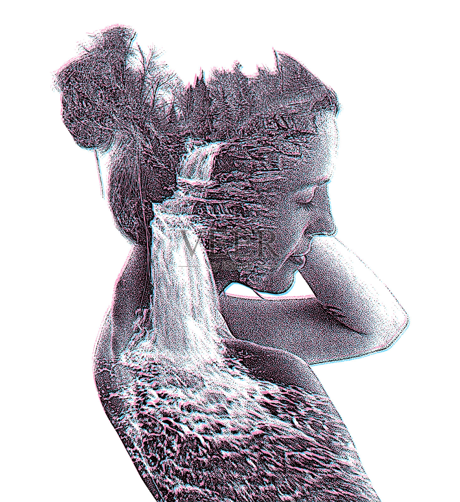女性和瀑布的多重曝光与故障技术插画图片素材