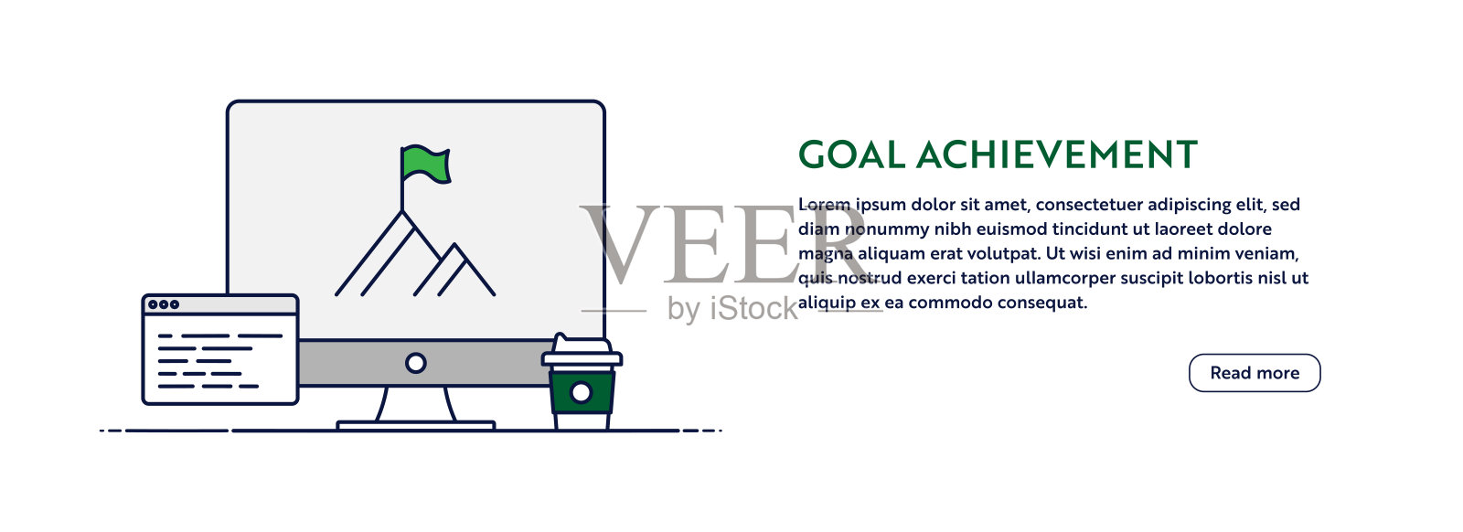 目标成就概念与线计算机插图。最小设计的网站横幅，海报，传单和宣传册模板与顶峰图标。插画图片素材