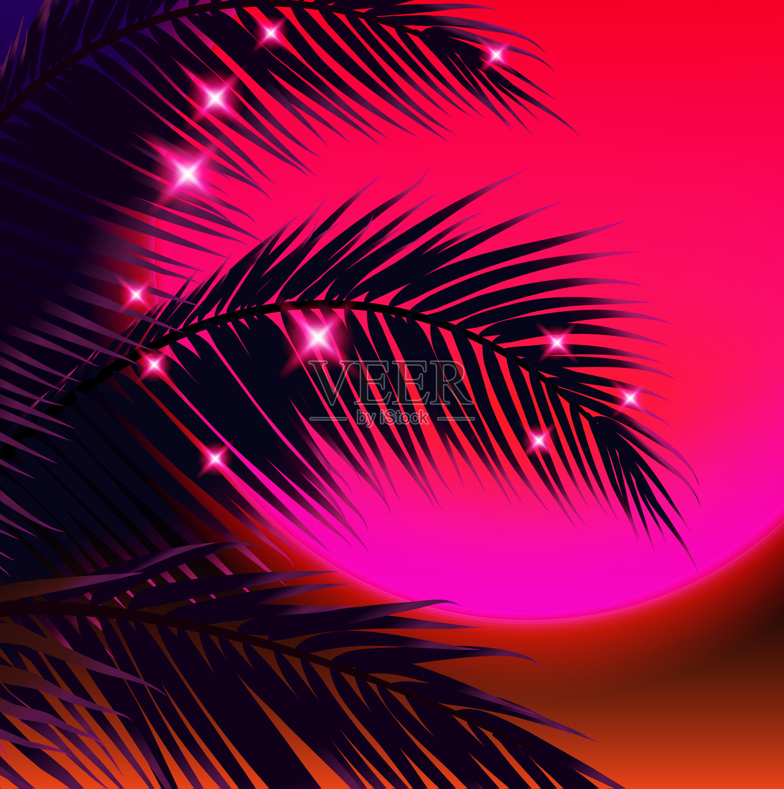 日落与棕榈树，太阳和棕榈叶插画图片素材