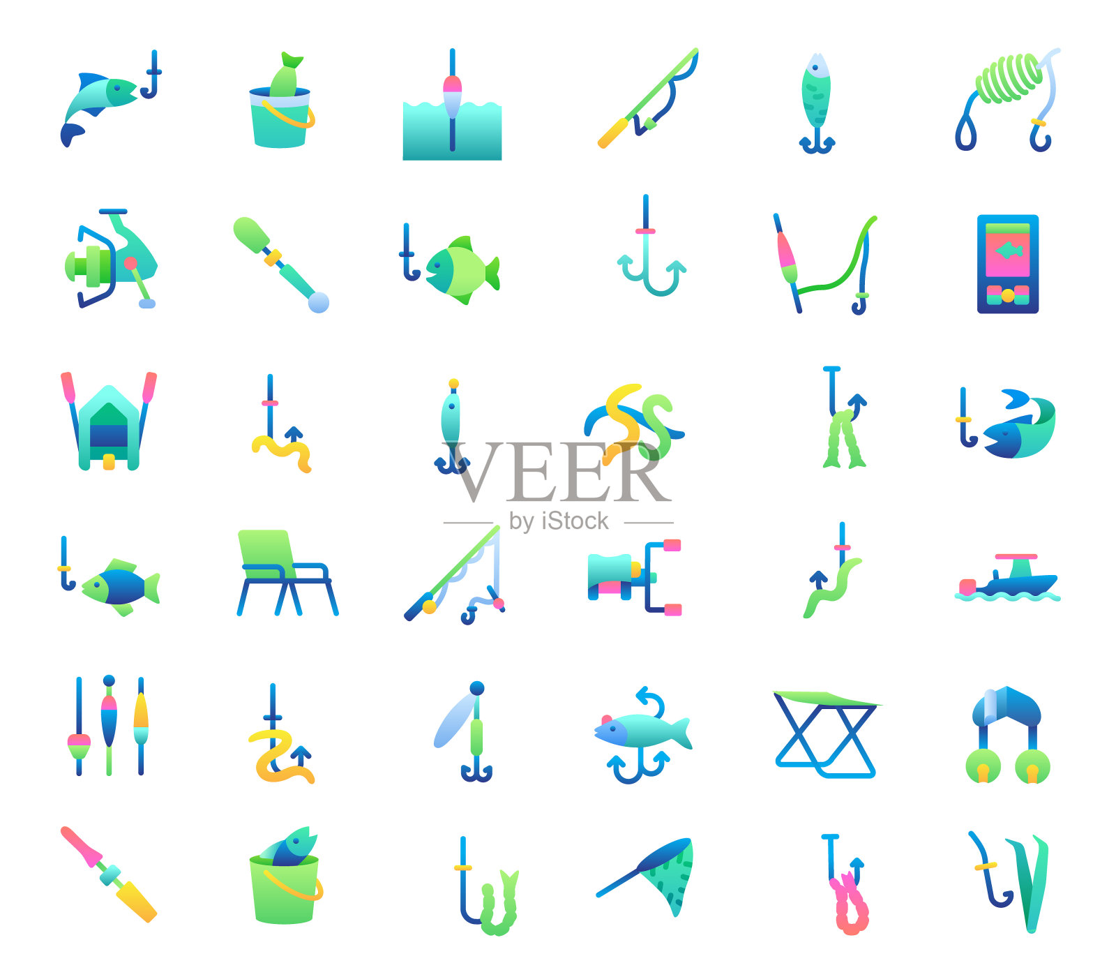 钓鱼平面梯度图标集插画图片素材