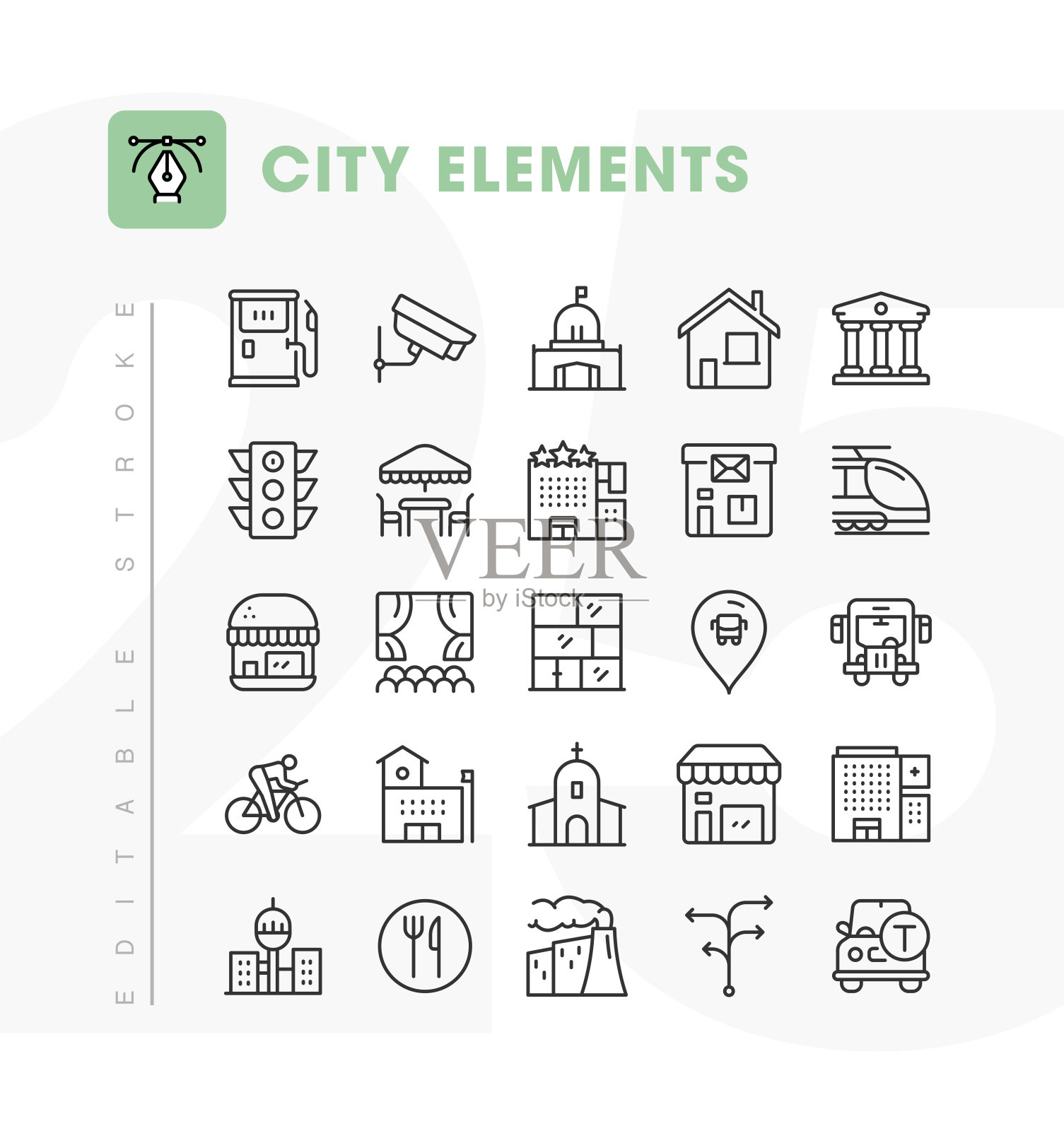 城市元素线图标集。可编辑的中风。像素完美。插画图片素材