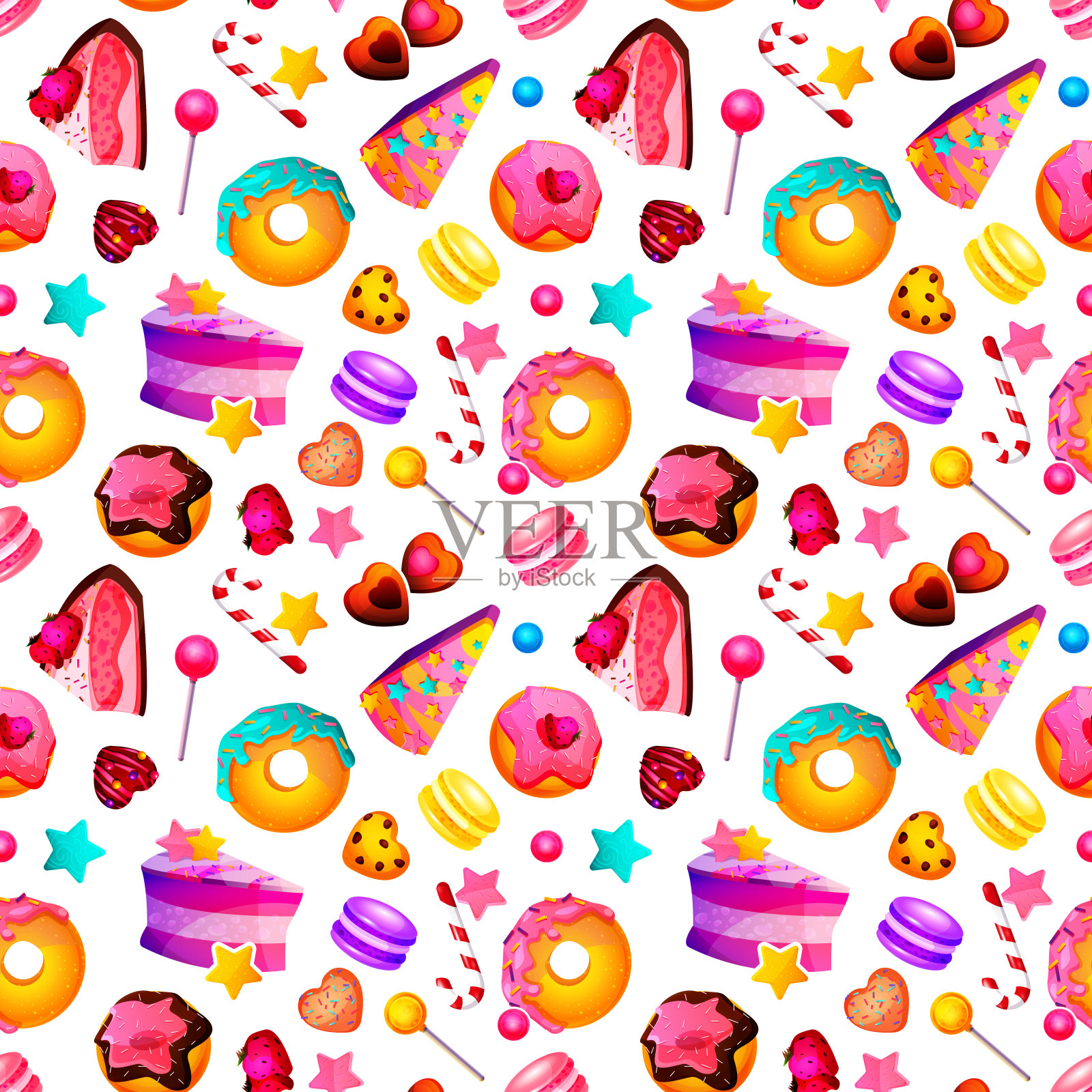 糖果无缝图案的卡通风格。纸杯蛋糕，羊角面包，甜甜圈，糖果，棒棒糖和其他糖果在一个孤立的白色背景。插画图片素材