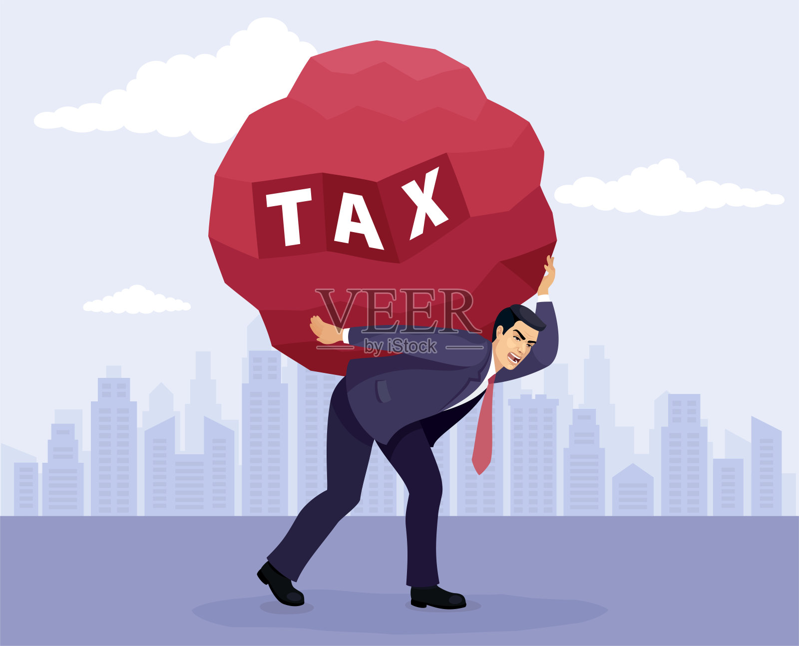 税。肩上扛着税的商人。大的石头。插画图片素材